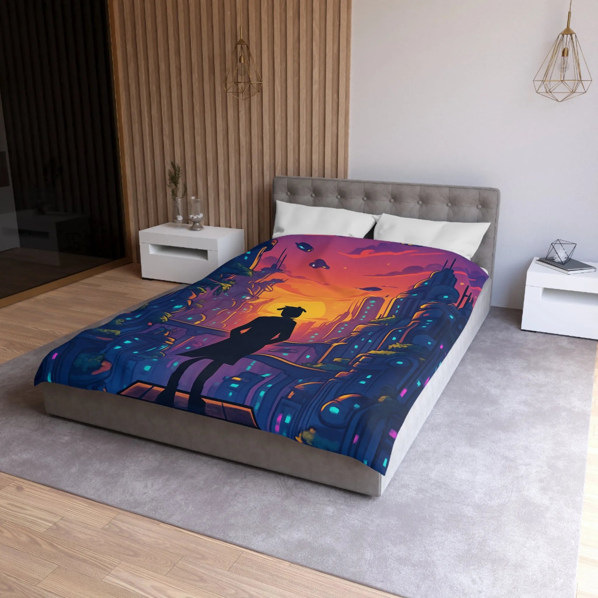 Housse de Couette Futuriste avec Paysage Urbain et Ciel Étoilé Orange et Bleu