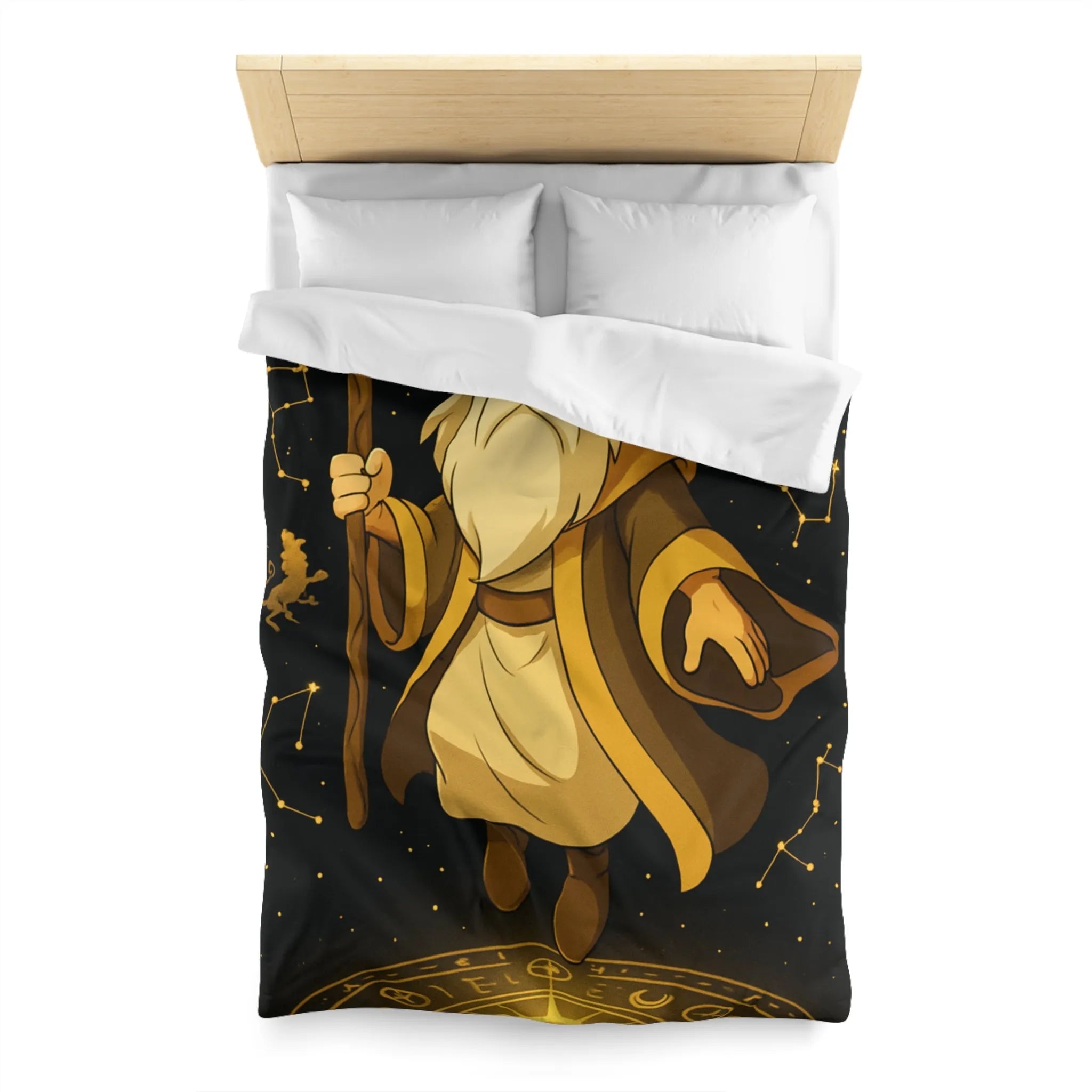 Housse de couette avec magicien illuminé et constellations dorées pour chambres enchantées