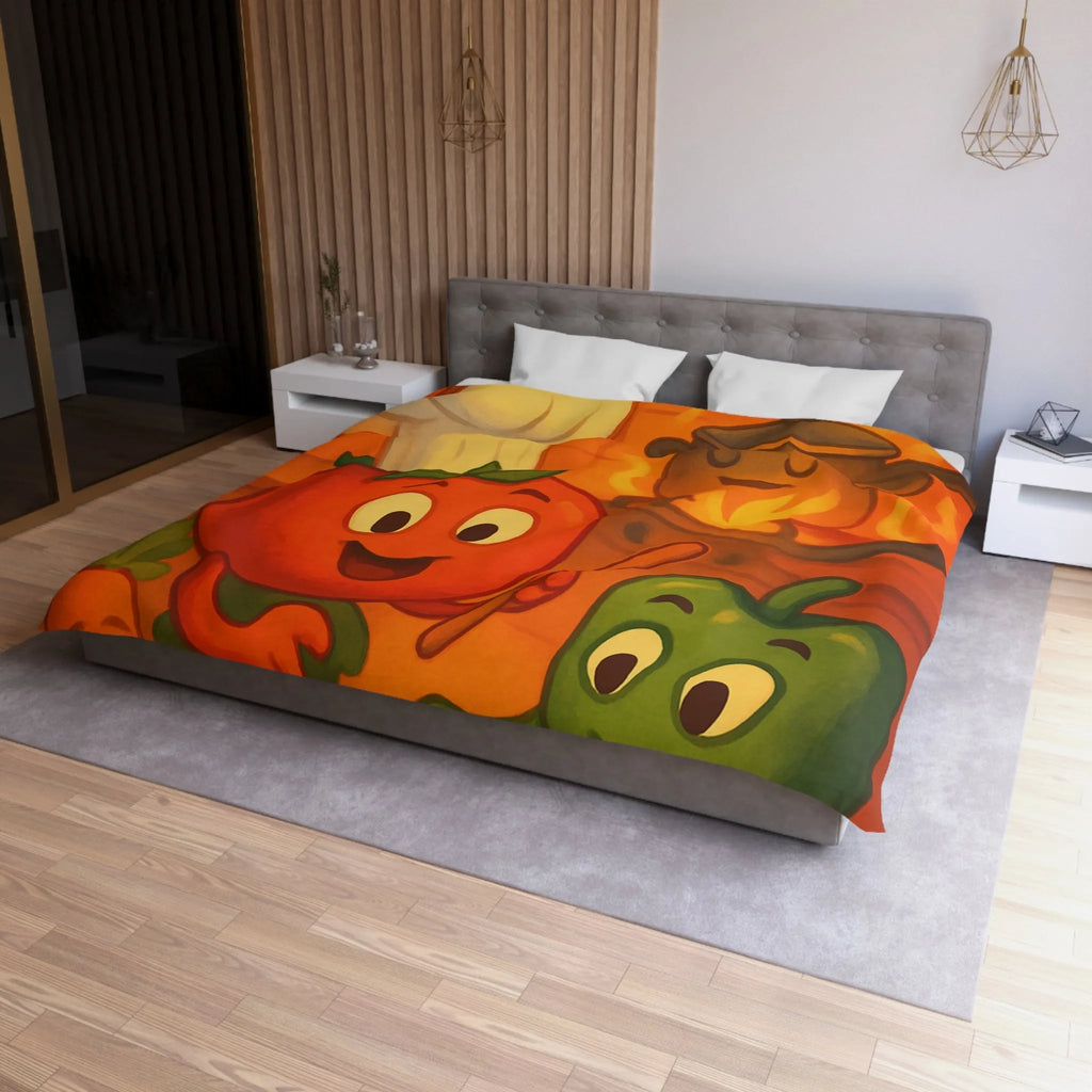 Housse de couette illustrée avec légumes adorables jouant dans une cuisine animée orangée