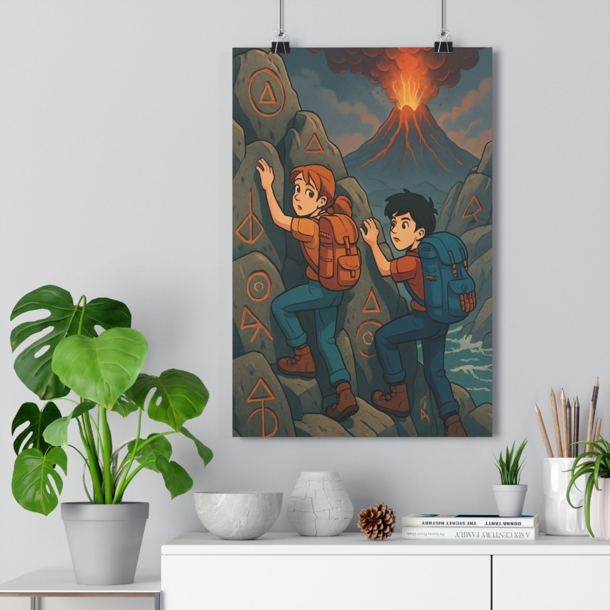 Poster décoratif grimpeurs aventure cartoon volcan rouge orange bleu mystique chambre dynamique mystérieux captivant