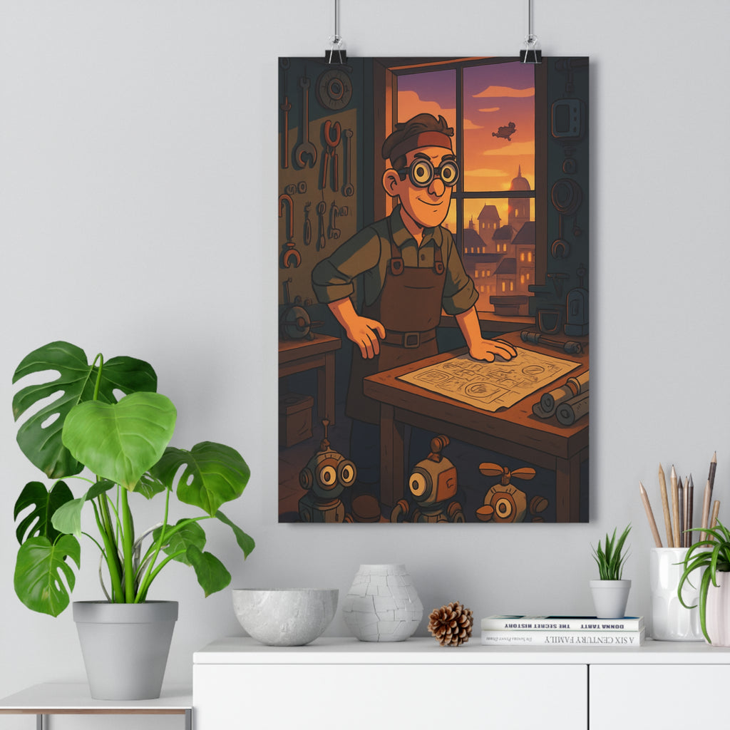 Poster décoratif artisan cartoon cuivre vert bleu urbain bureau jeux ambiance chaleureuse format 30x46