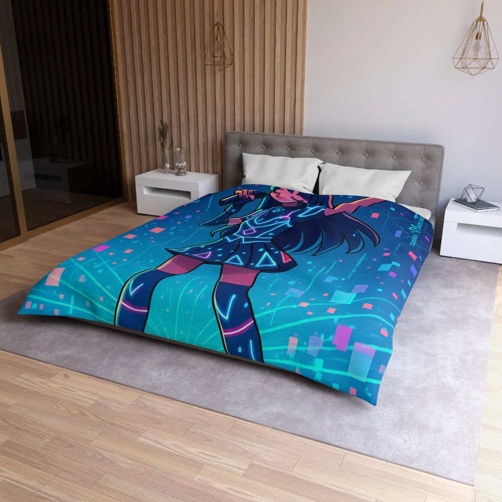 Housse de Couette Fille Chanteuse Néon Style Futuriste Graphiques Lumineux Bleu Rose