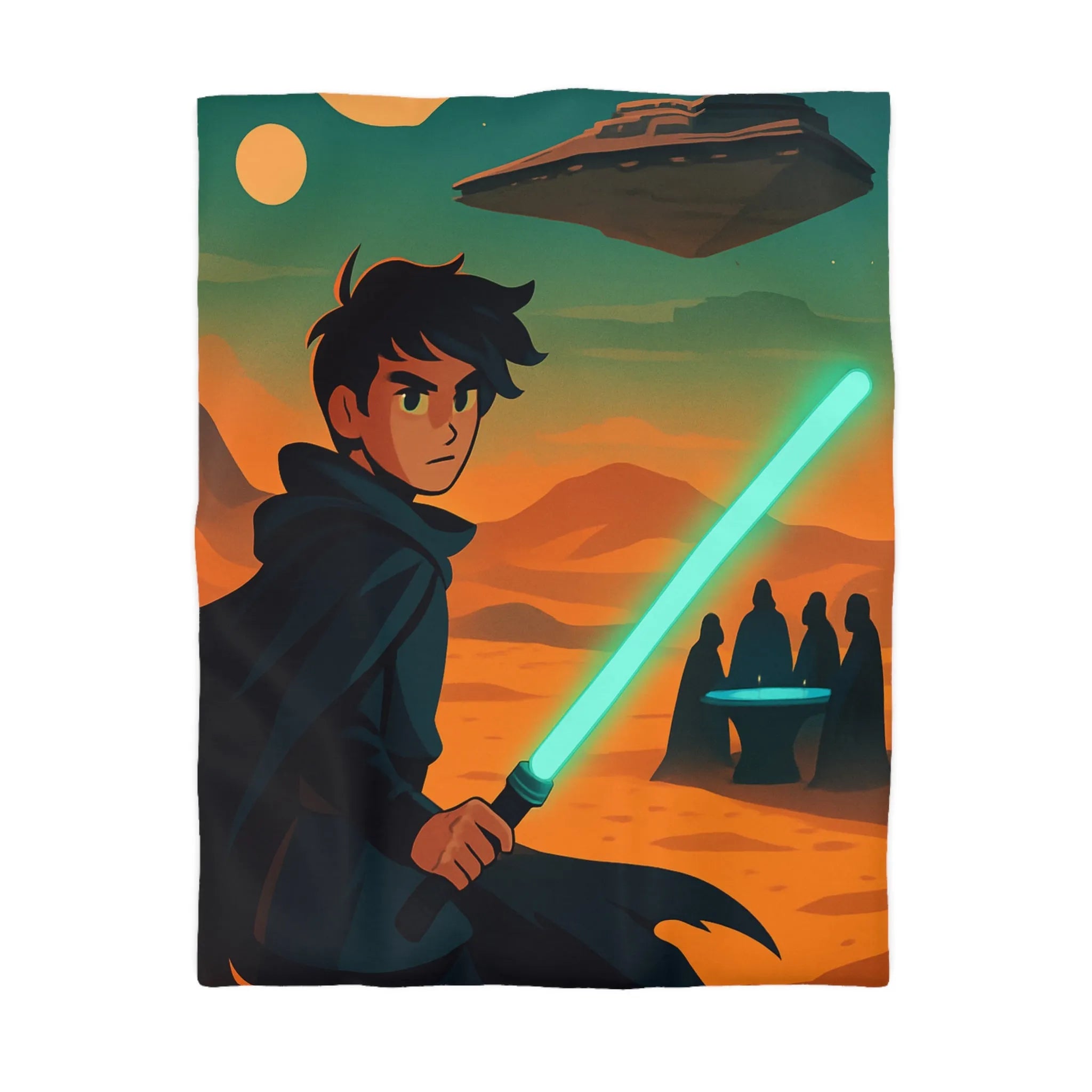 Épique scène de science-fiction avec héros sabre lumineux et vaisseau spatial en arrière-plan