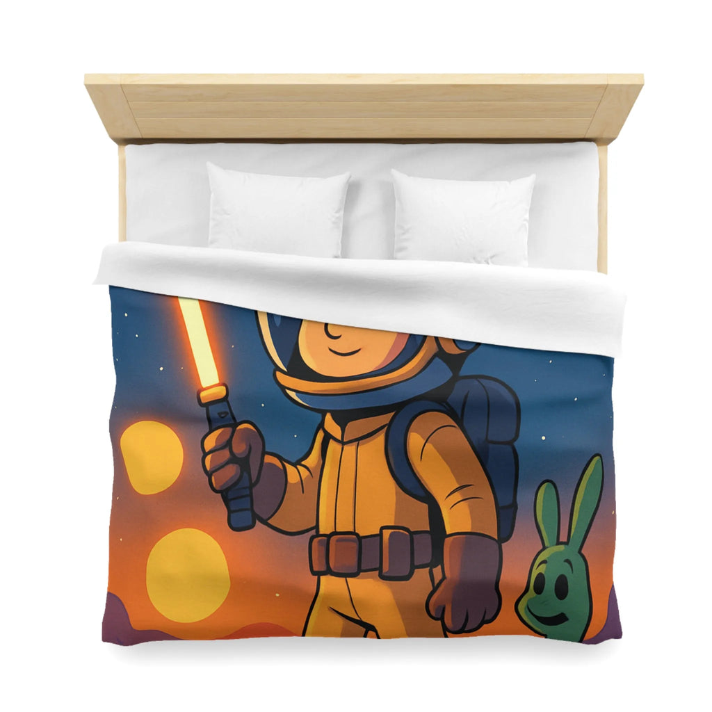 Adorable Espace: Astronaute Enfant Avec Épée Lumineuse Et Créatures Amusantes Sur Une Planet