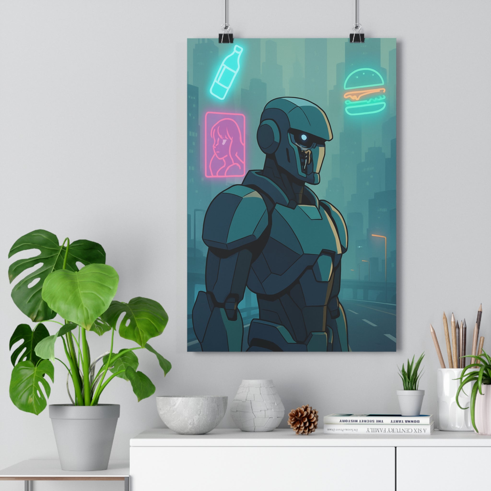 Poster décoratif futuriste robot métallique bleu néon bureau moderne urbain rétrofuturiste style unique ambiance