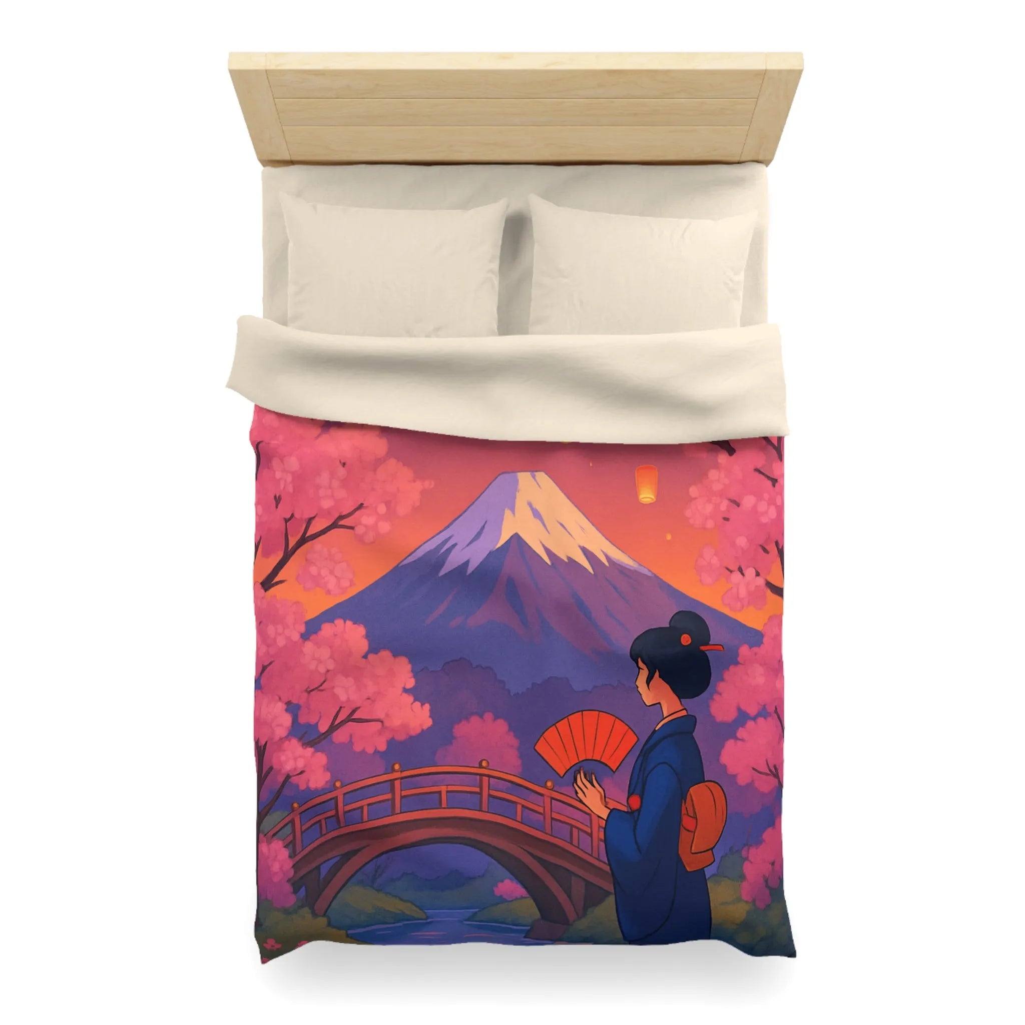 Housse de couette japonaise avec cerisiers, lanterne et vue sur le Mont Fuji