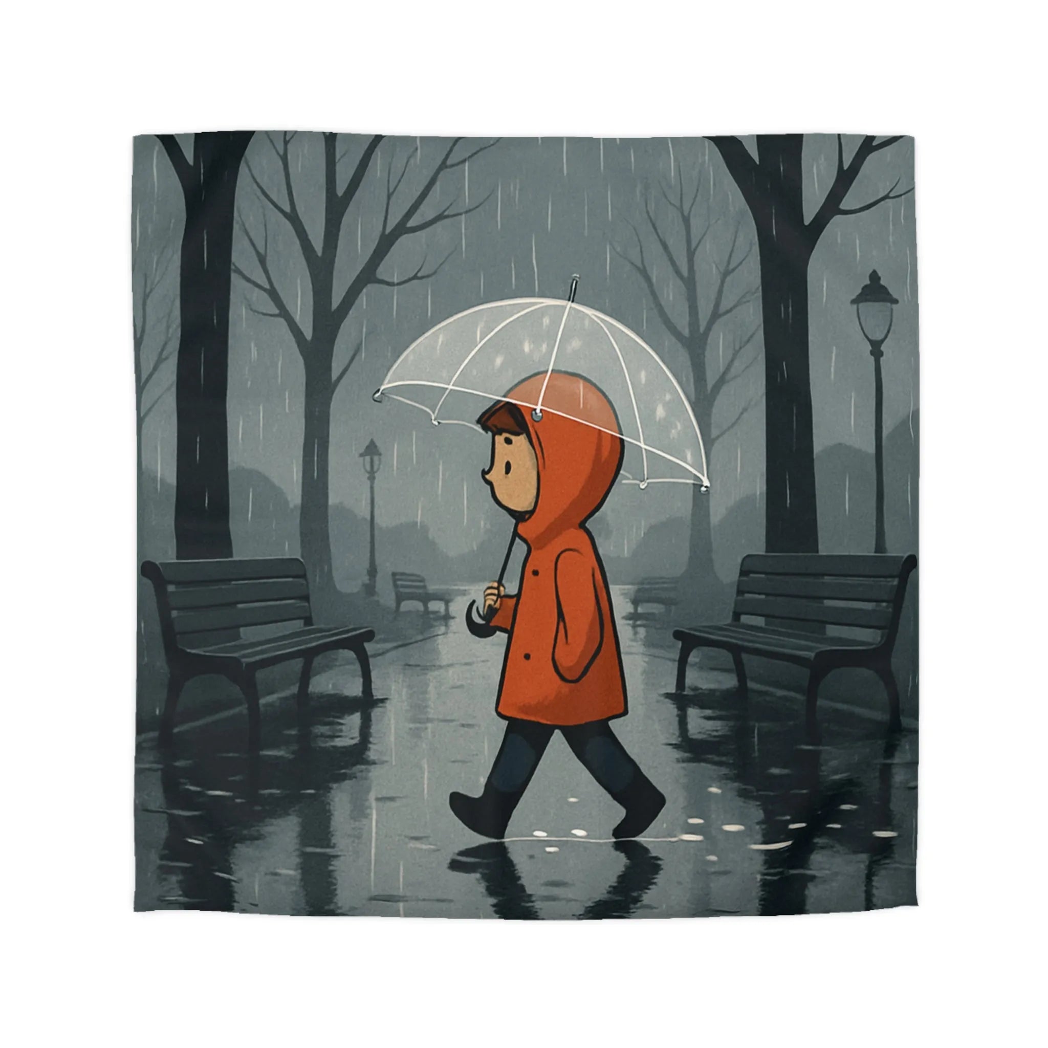 Housse de couette avec illustration d'enfant marchant sous la pluie en forêt brumeuse