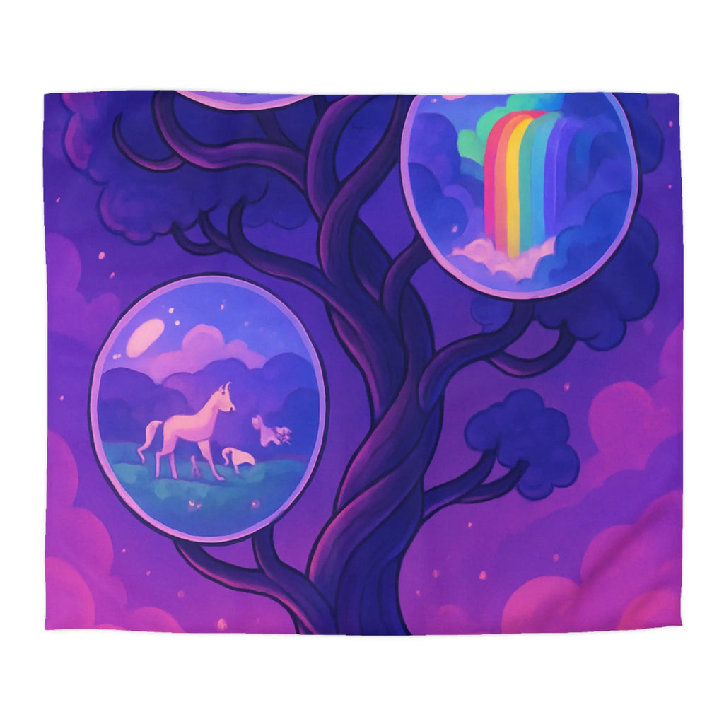 Enchanted Dreamscape Duvet: Mystical Castle, Majestic Unicorn, Vivid Waterfall on Tree