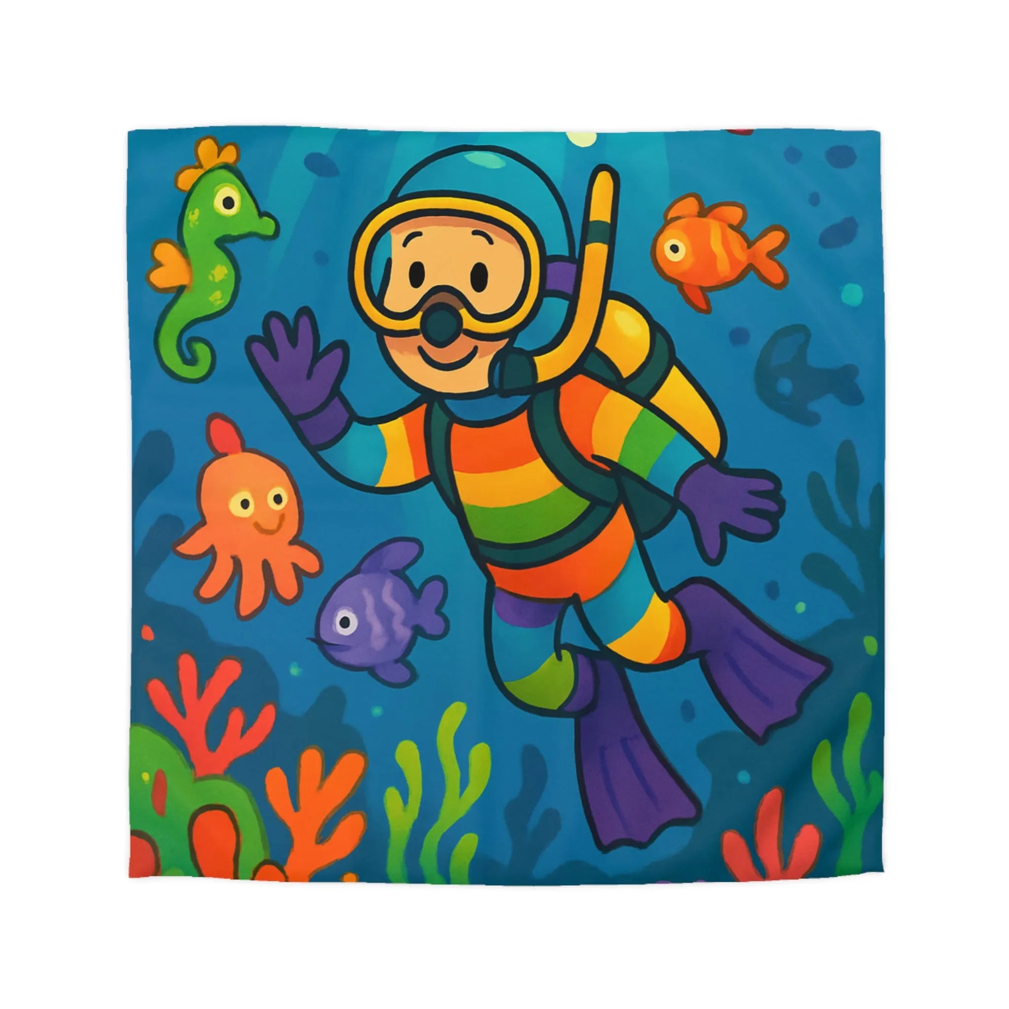Housse de Couette Enfantin Illustrée avec Plongeur Joyeux et Récif de Corail Coloré