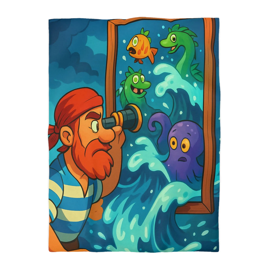 Housse de couette avec pirate observant créatures marines dans scène colorée et ludique