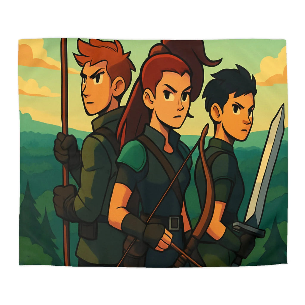 Housse de couette illustrée trois héros médiévaux arc épée forêt château aube