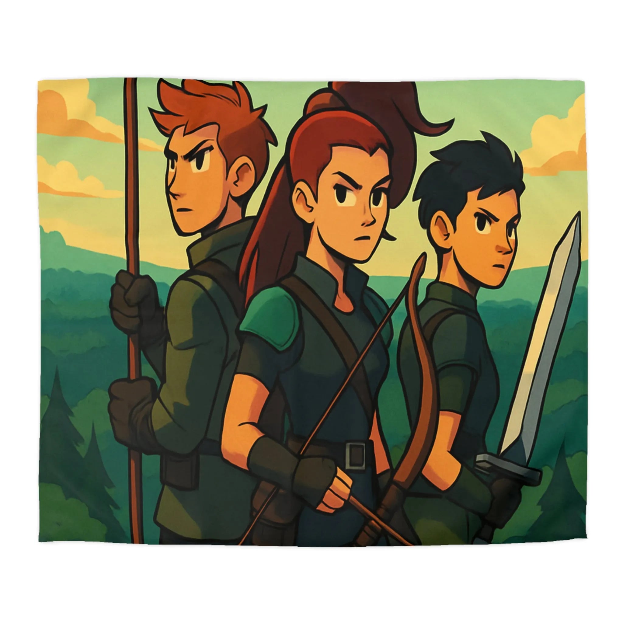 Housse de couette illustrée trois héros médiévaux arc épée forêt château aube