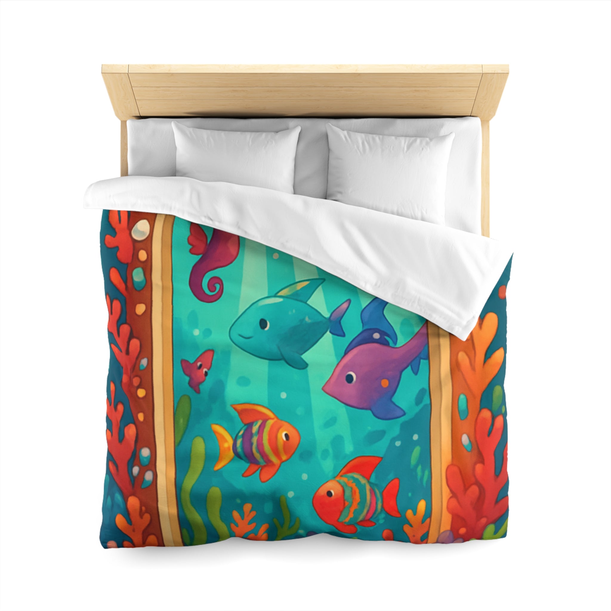 Housse de Couette Océanique avec Poissons Colorés, Coraux et Hippocampe Fantaisie Enchantés