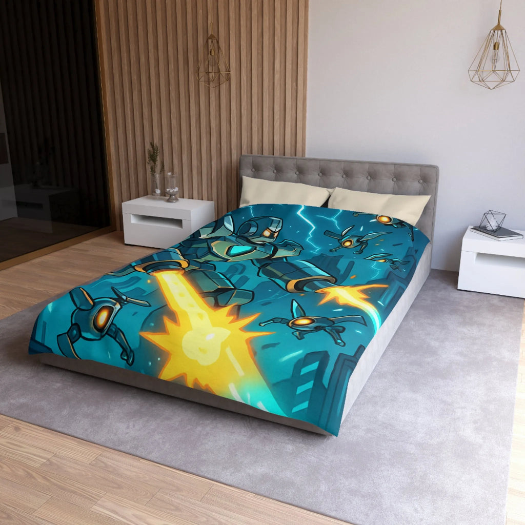 Housse de couette illustrant un robot tirant des lasers dans une ville futuriste la nuit