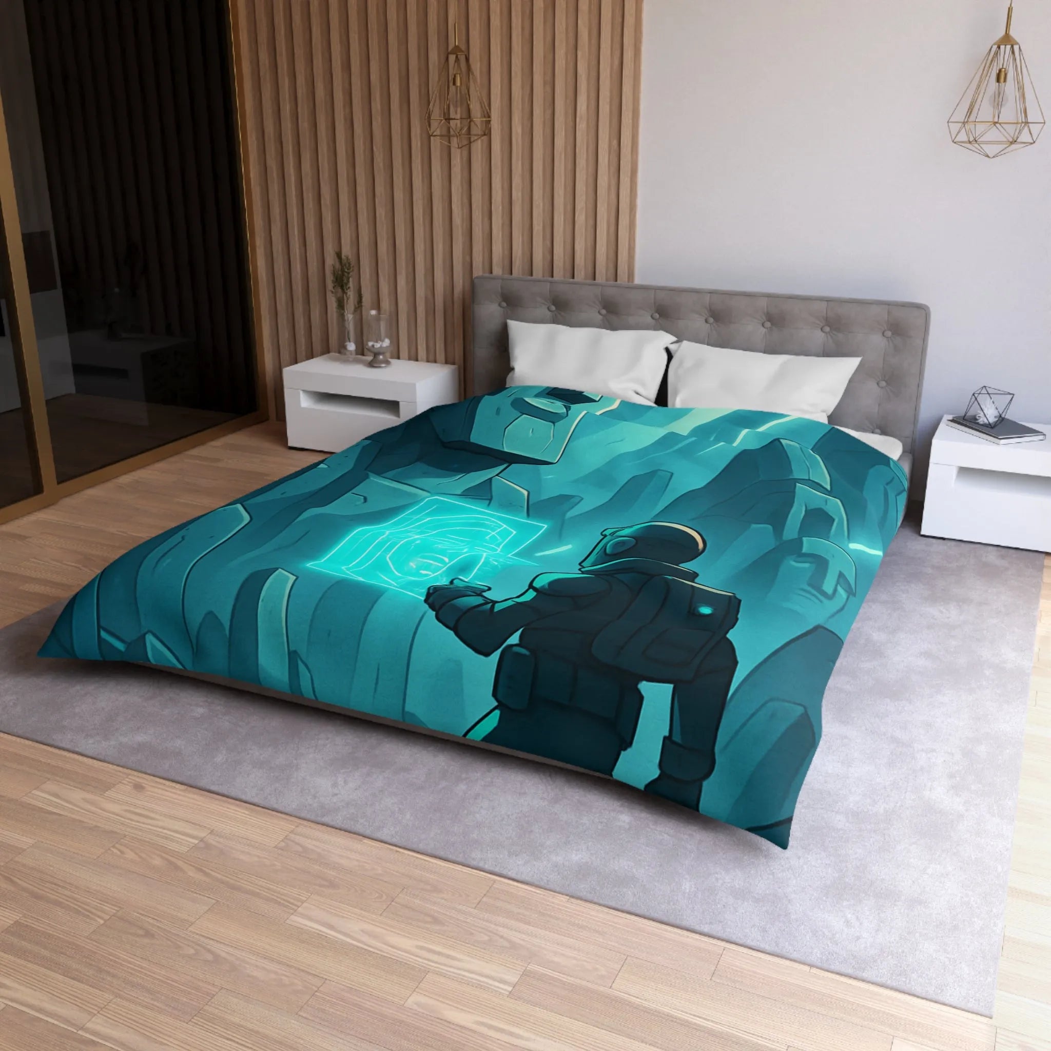 Housse de couette futuriste avec statues anciennes et explorateur dans une ambiance lumineuse néon