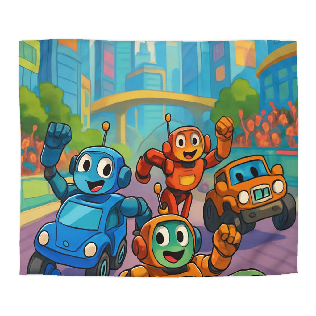 Housse de Couette Animée avec Robots Joyeux et Ville Futuriste pour Enfants