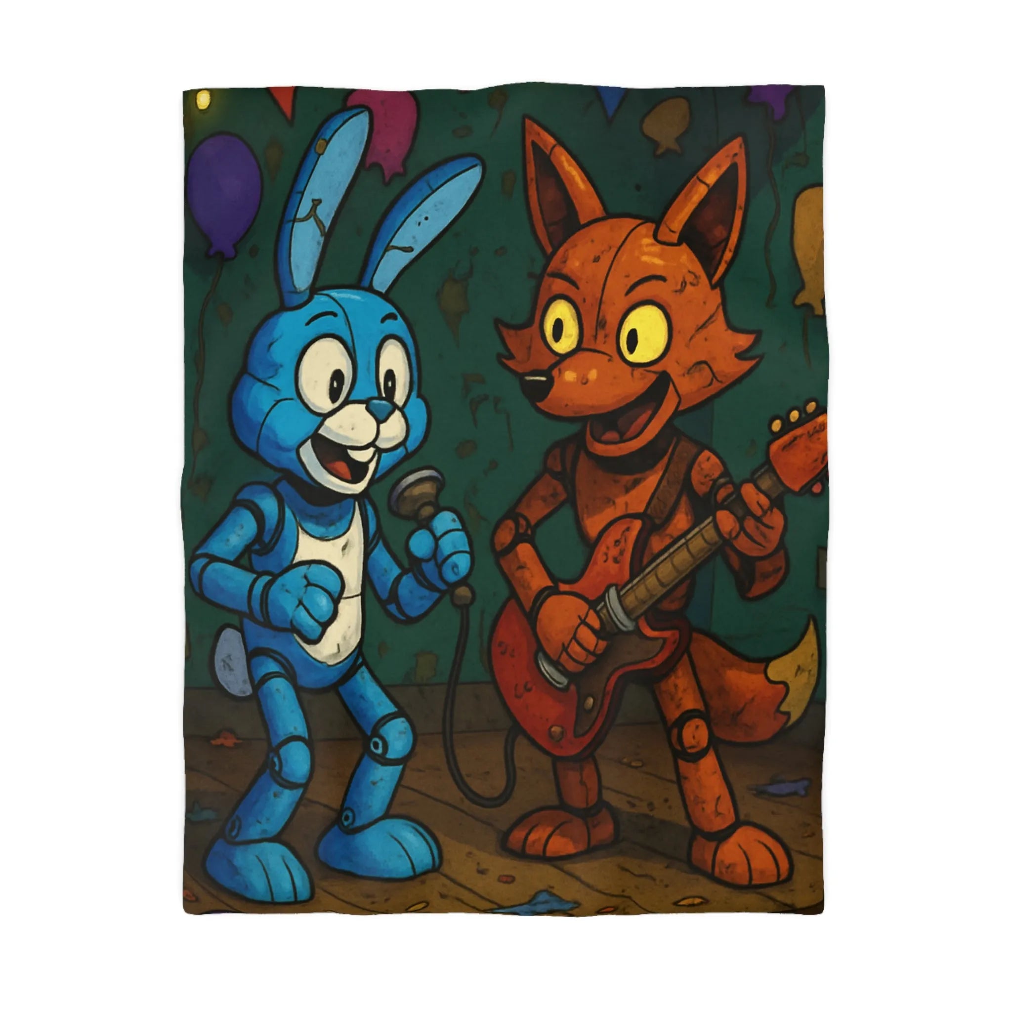 Housse de couette animaux robot bleue et orange sur scène avec décor festif