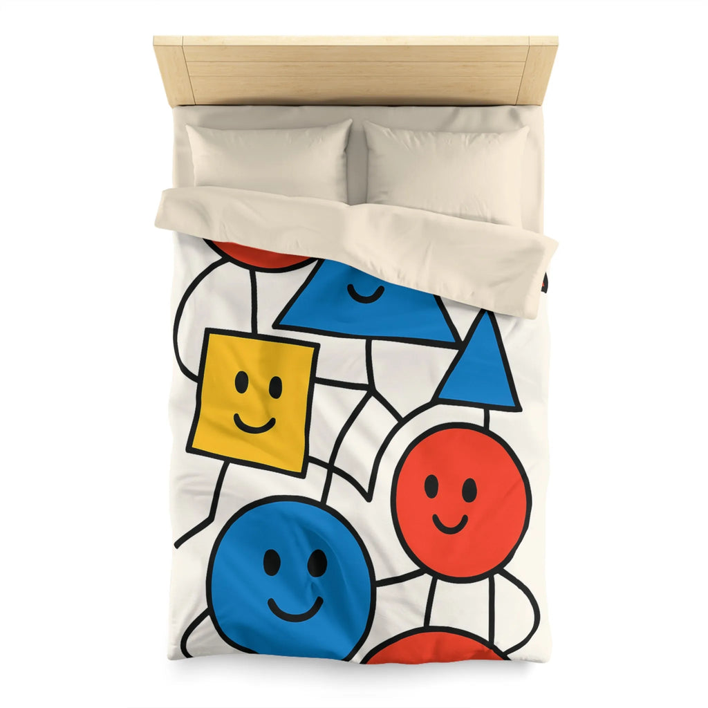 Housse de couette colorée avec formes géométriques amusantes et visages souriants pour enfants