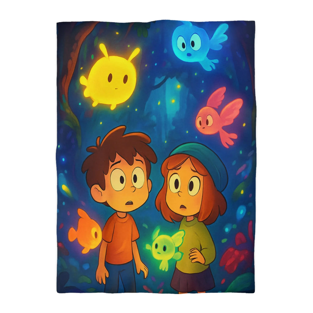 Housse de Couette Enfant Fantaisie avec Créatures Lumineuses dans Forêt Mystérieuse et Enchantée