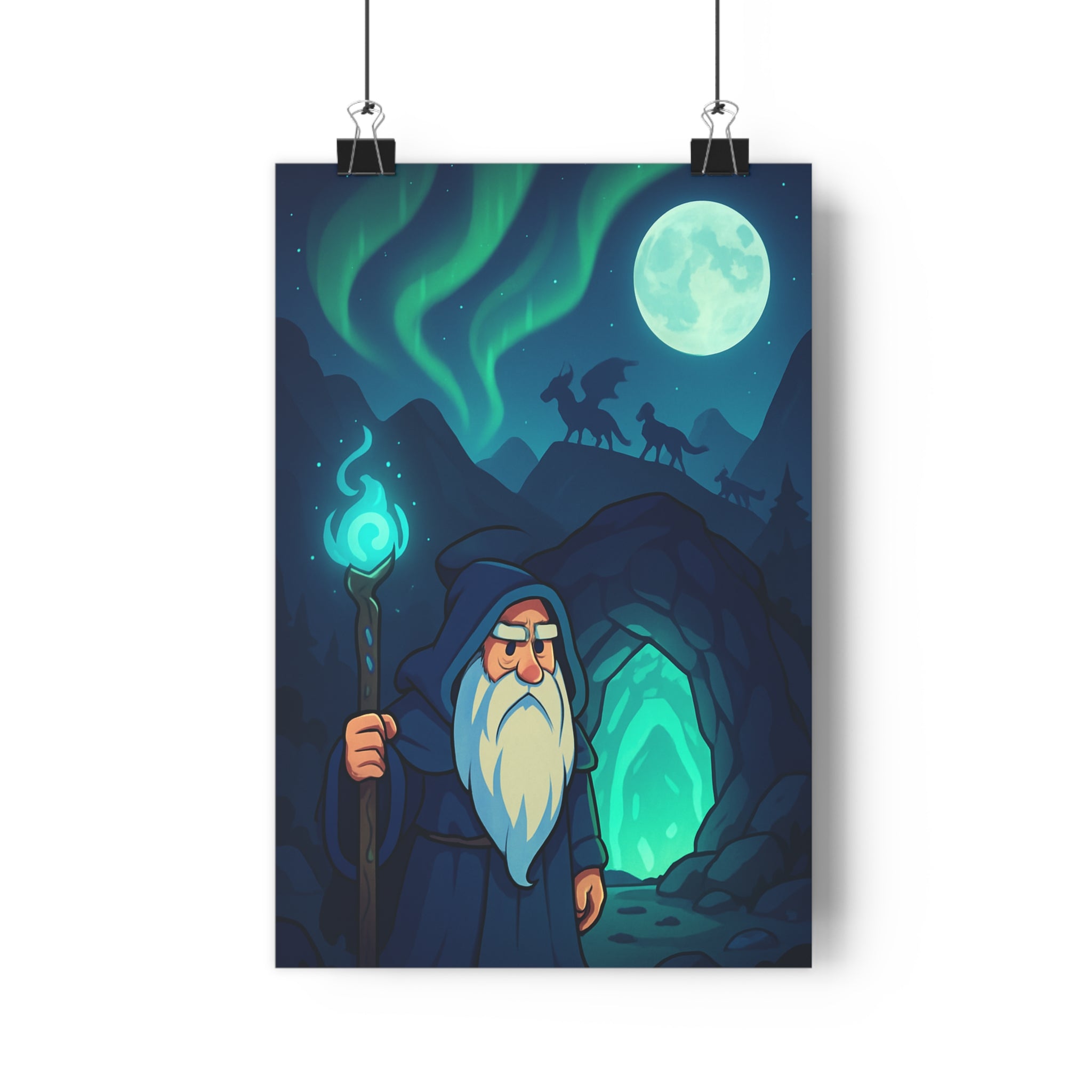 Poster décoratif montagne mystique sorcier fantastique lumineux cartoon ciel étoilé salon chambre ambiance magique