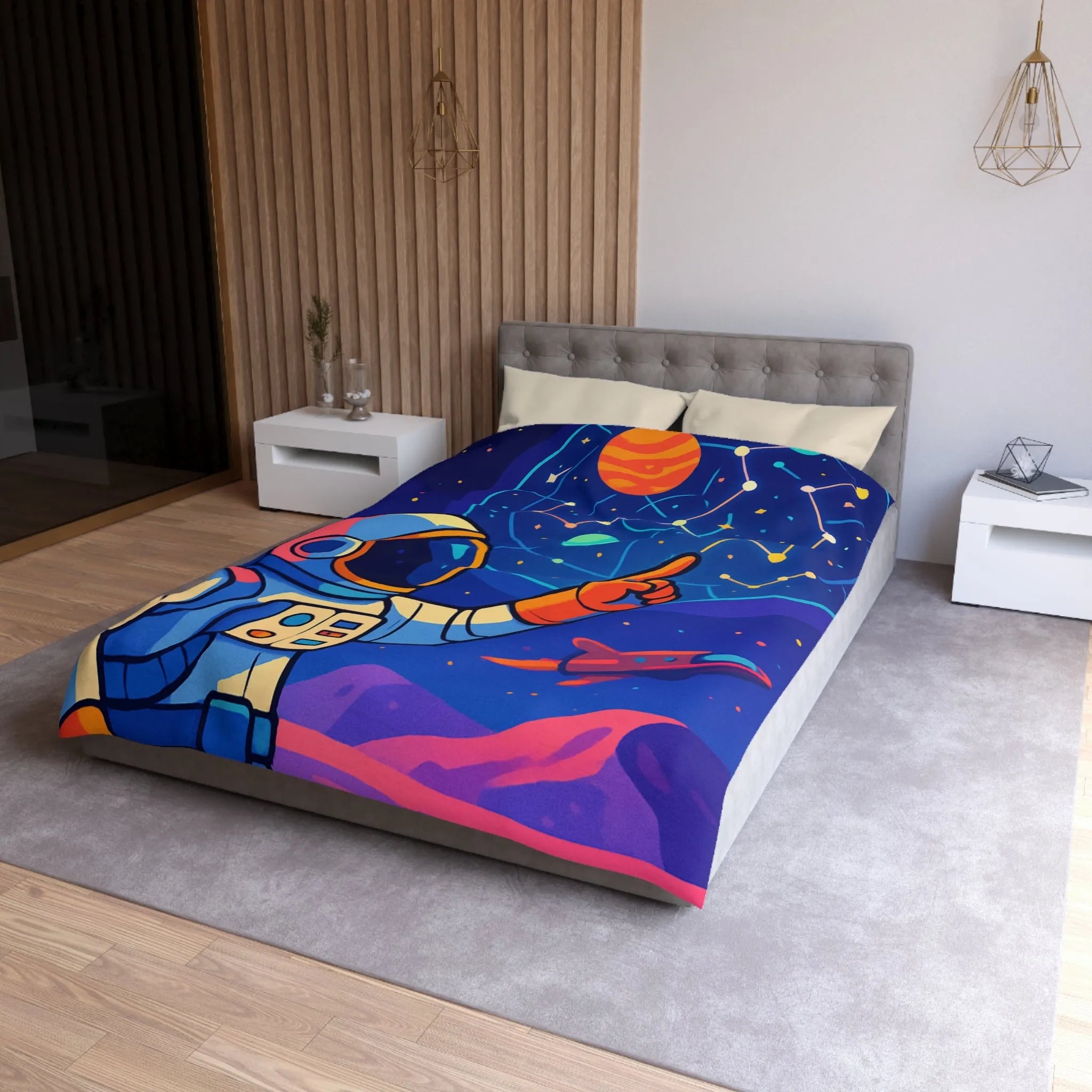 Housse de couette cosmos coloré avec astronaute, planète et carte des étoiles