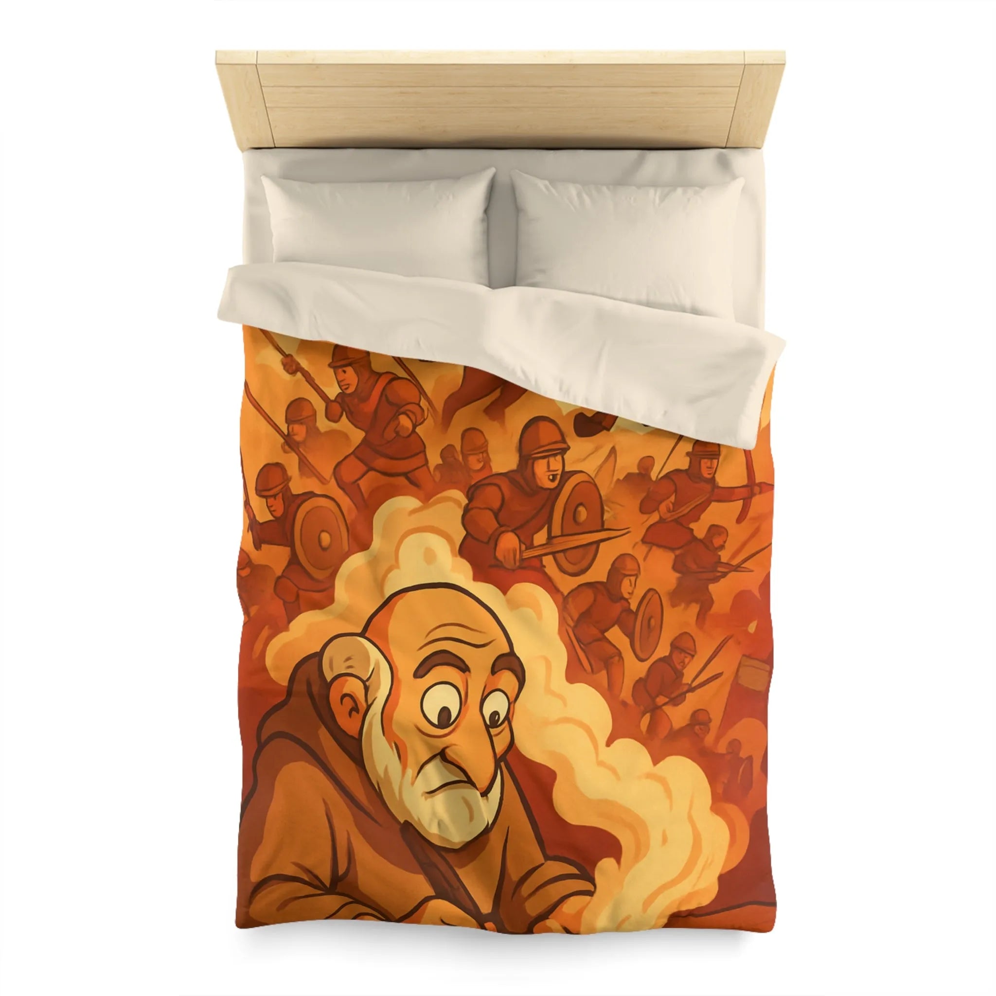 Housse de couette médiévale avec illustration de chevalier et moine en écriture créative