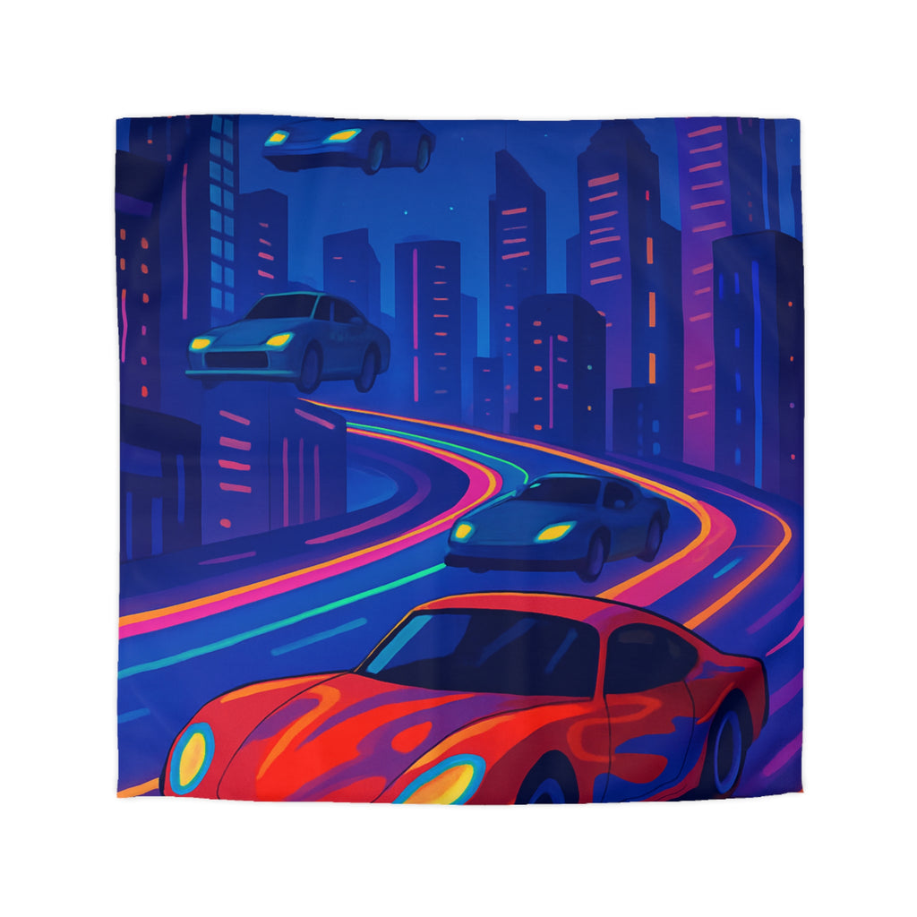 Housse de Couette Ville Futuriste avec Voiture Rouge et Lumières Néon