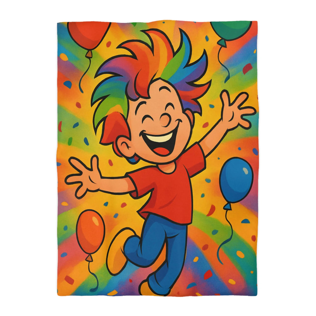 Housse de couette colorée avec enfant joyeux et ballons arc-en-ciel, ambiance festive