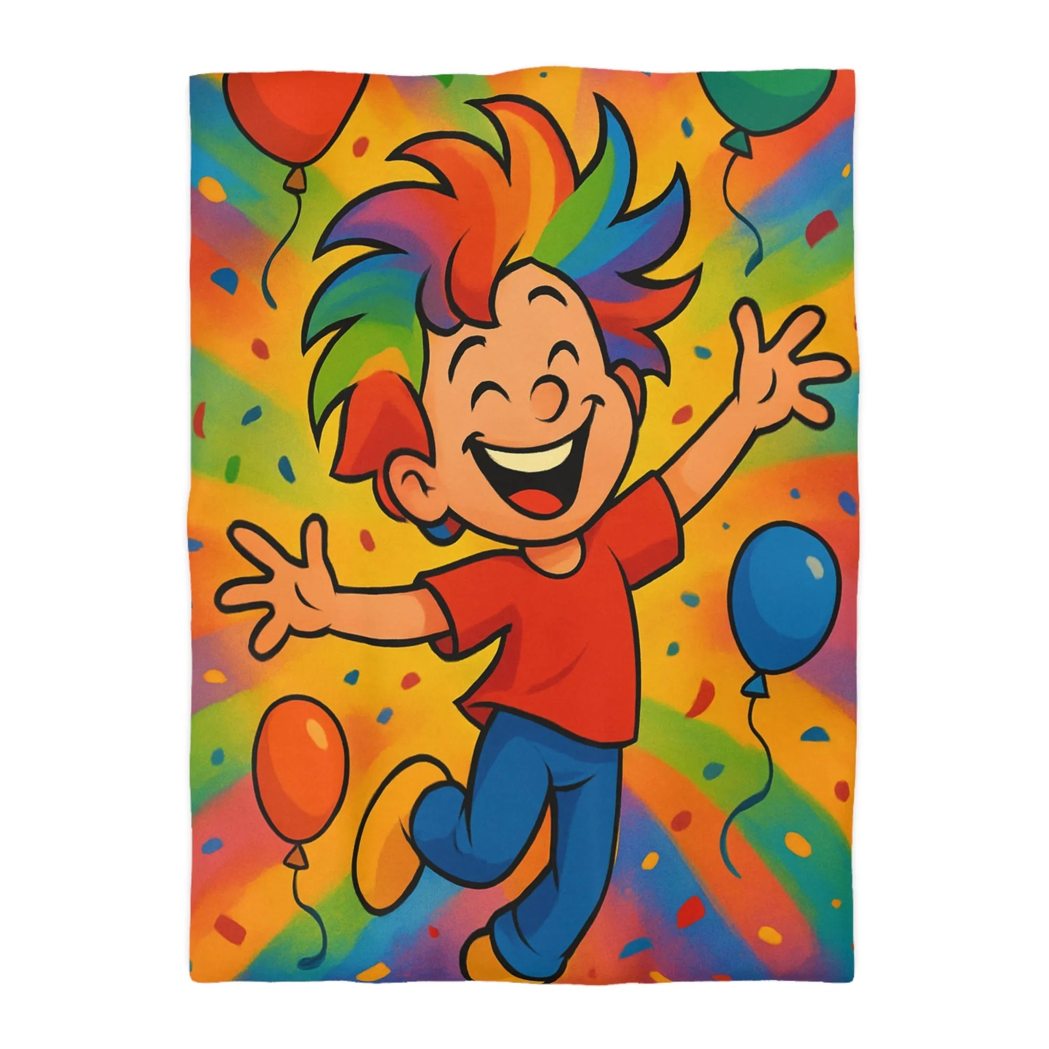 Housse de couette colorée avec enfant joyeux et ballons arc-en-ciel, ambiance festive