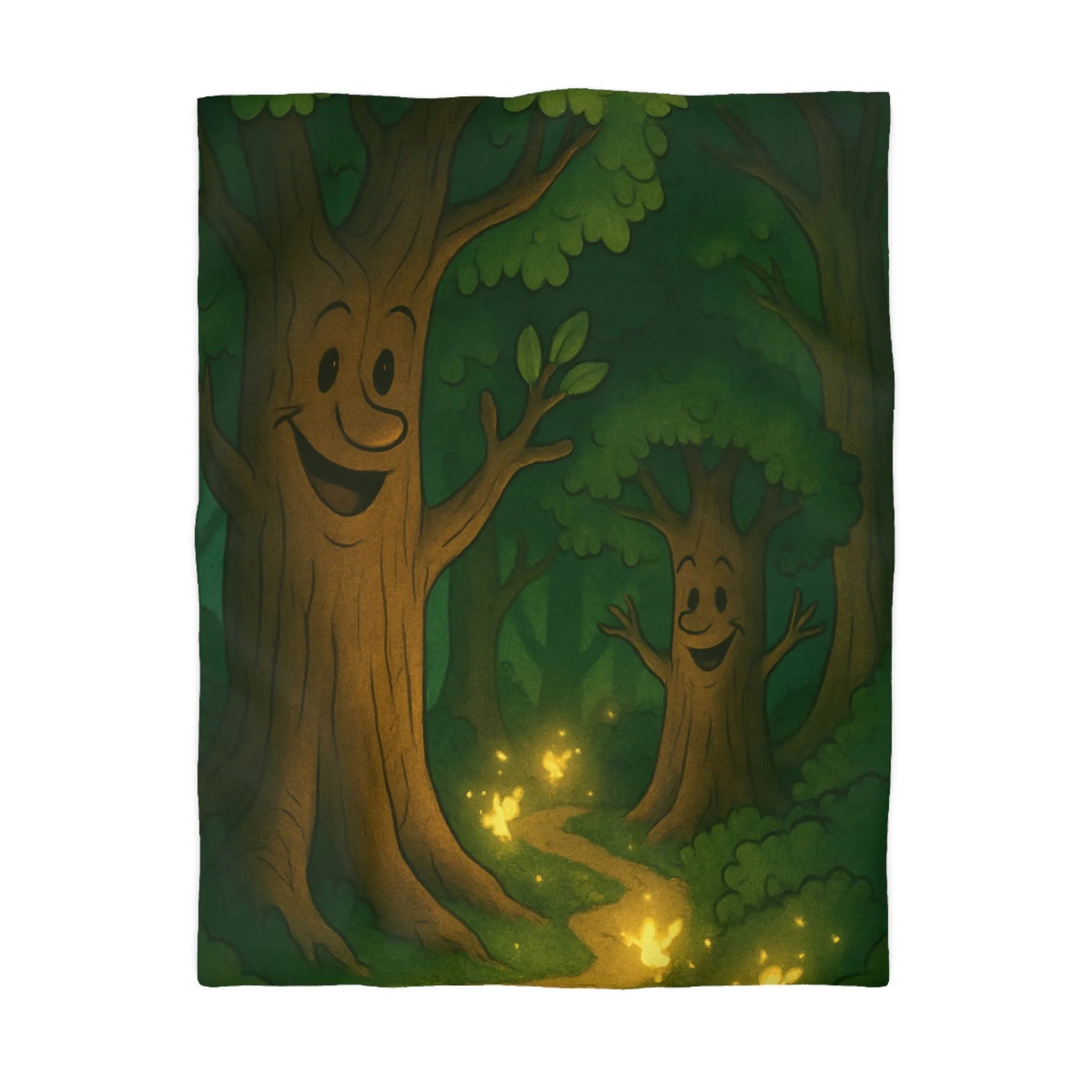 Enchanting Cartoon Forest Scene with Smiling Trees and Glowing Fireflies at Night