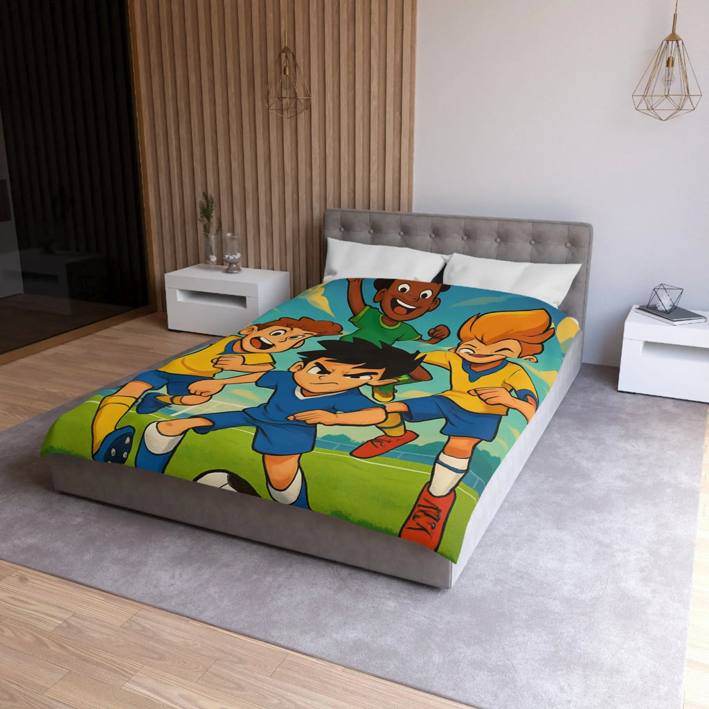 Housse de couette football enthousiaste pour enfants avec joueurs en action et ciel bleu