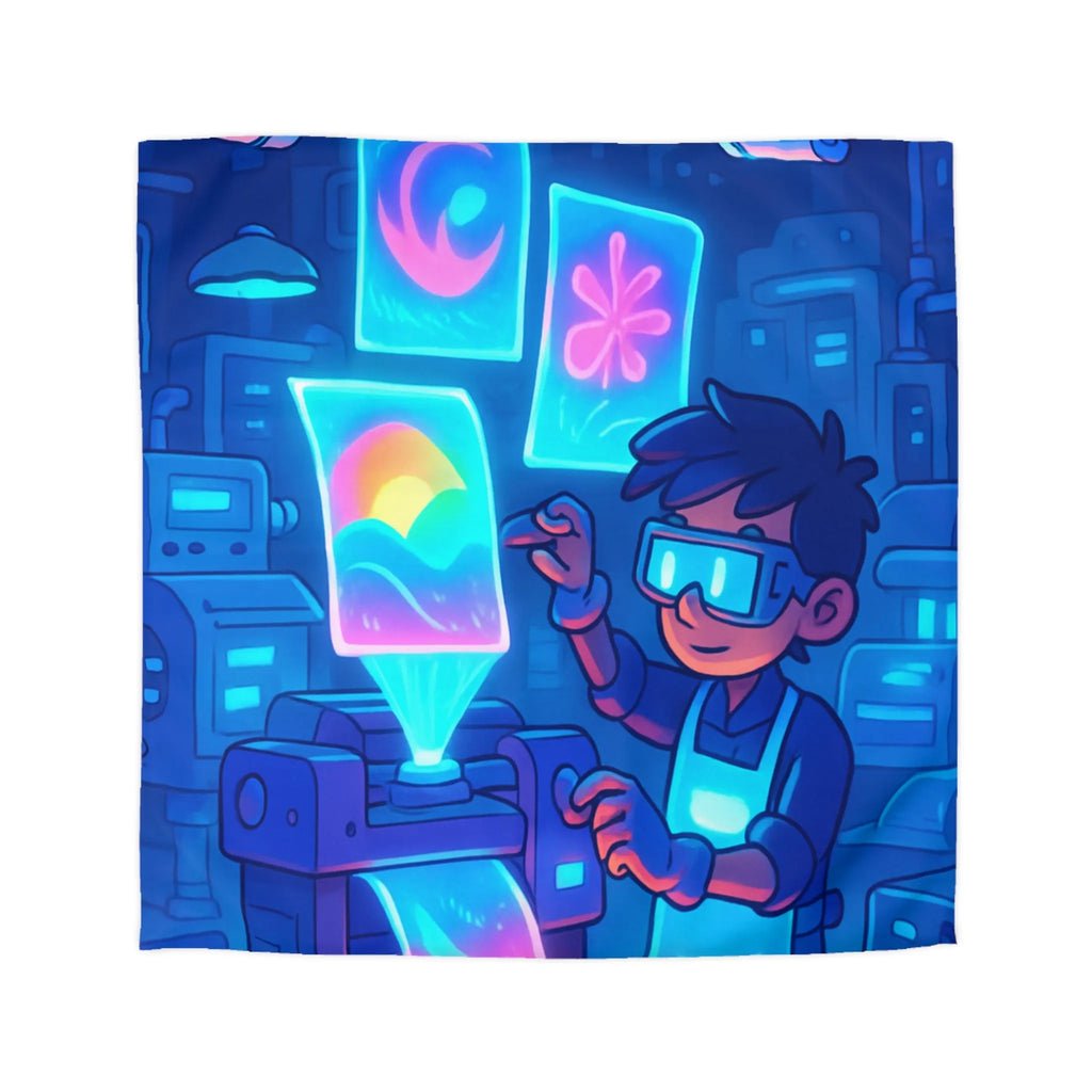 Housse de couette avec design futuriste lumineux d'imprimante et personnage créatif