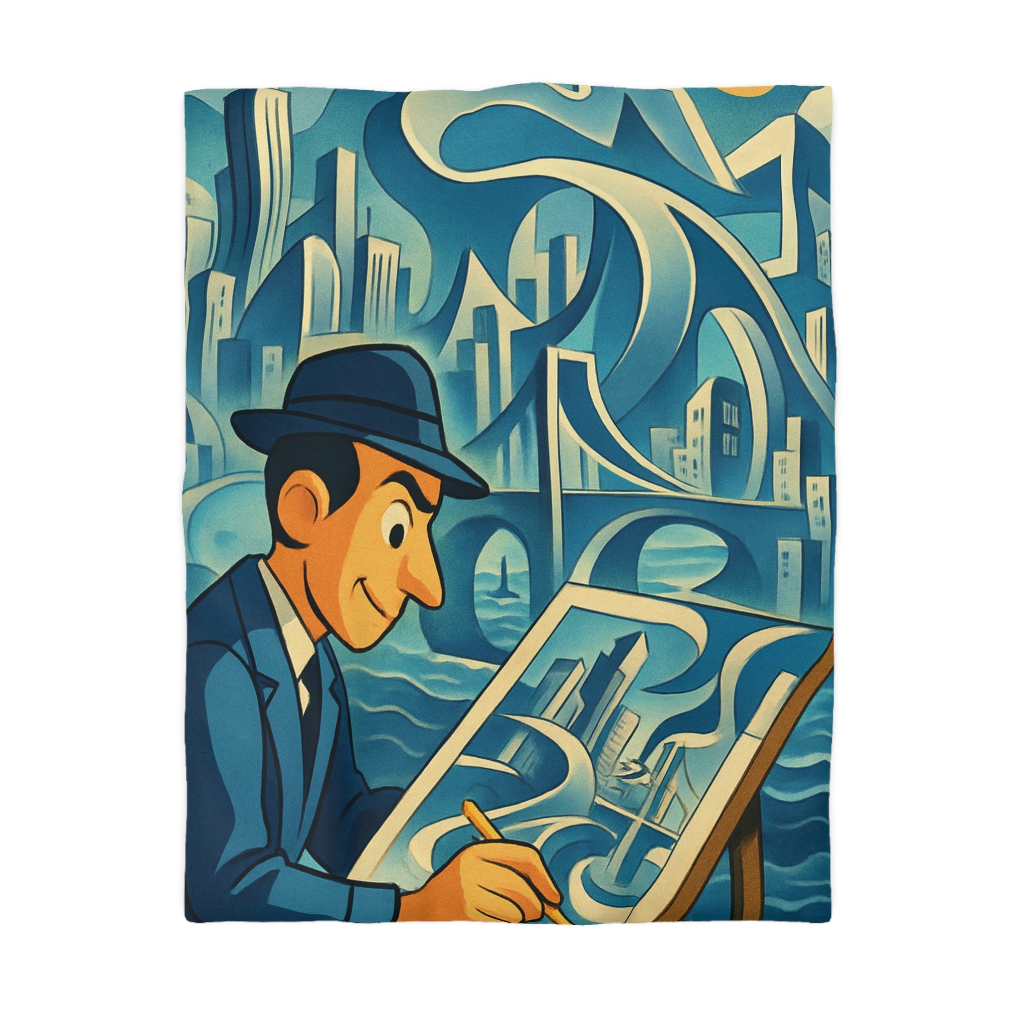 Motifs artistiques urbains bleus et jaunes pour une housse de couette moderne et stylée