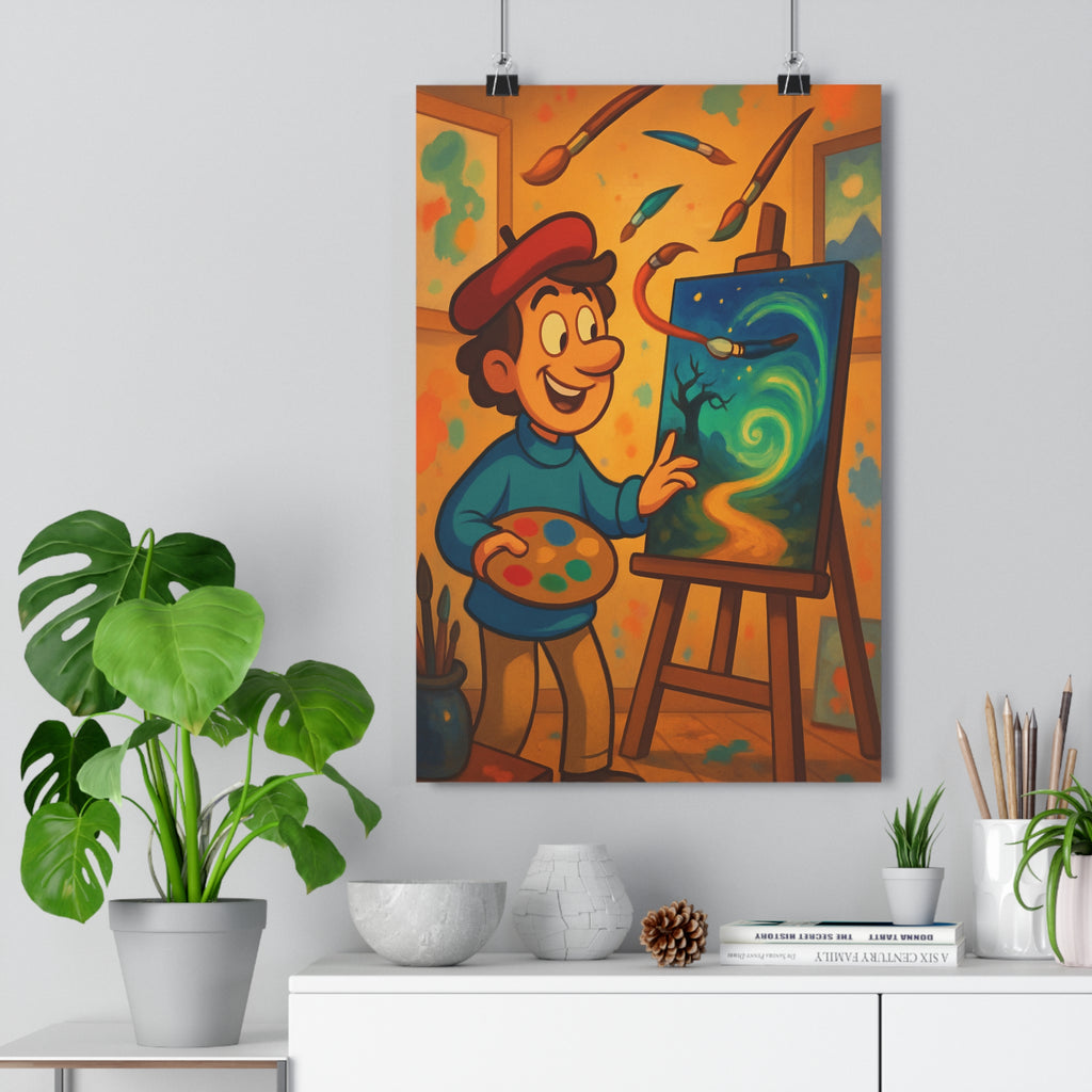 Poster décoratif joyeux art cartoon vibrant bleu rouge jaune atelier tableau dynamique peinture ambiance