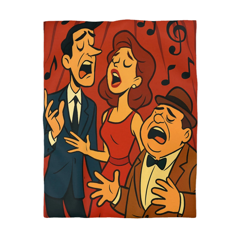 Ensemble vocal vintage animé exubérant, scène musicale rétro avec fond rouge et notes