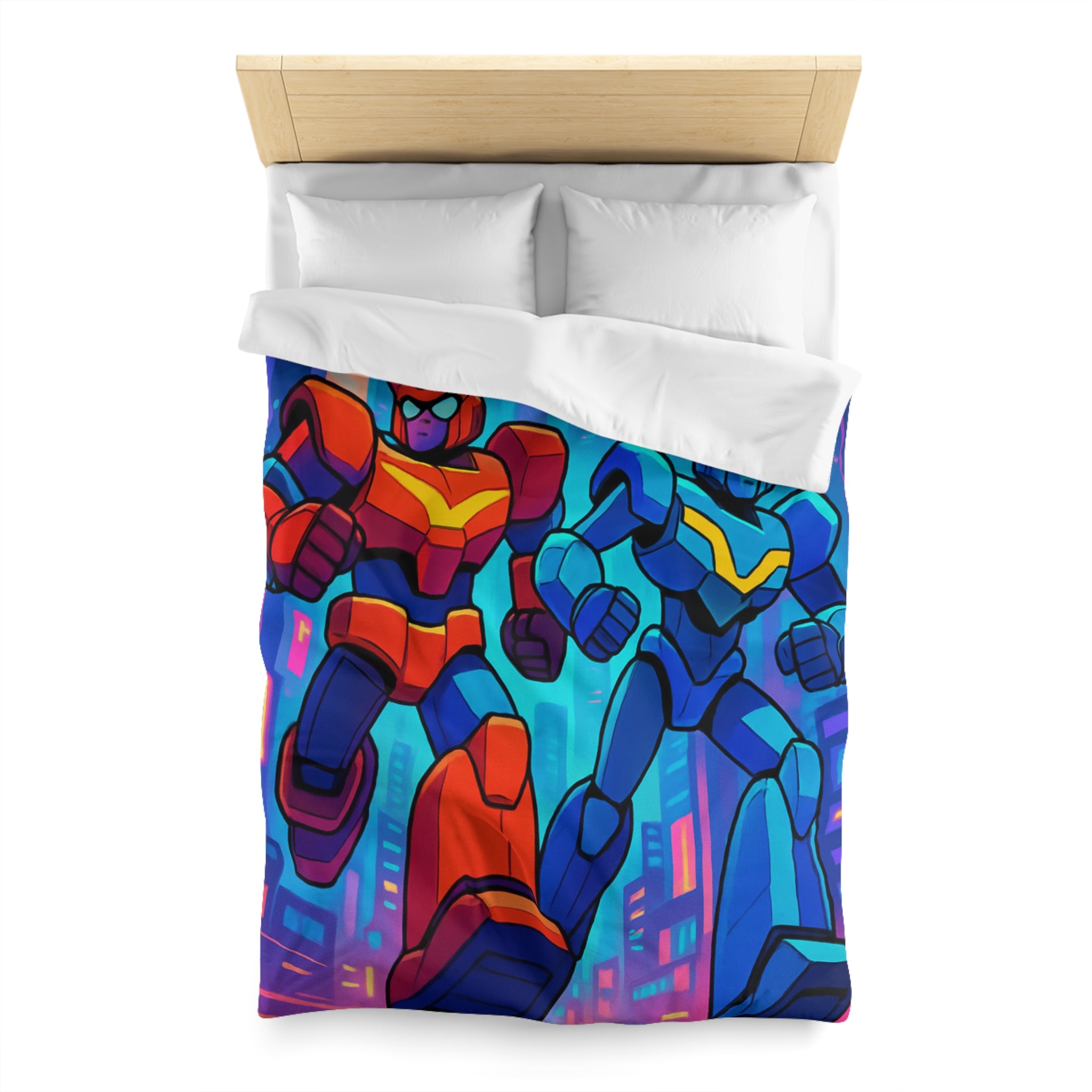 Housse de couette robot futuriste colorée, style rétro avec ambiance urbaine dynamique