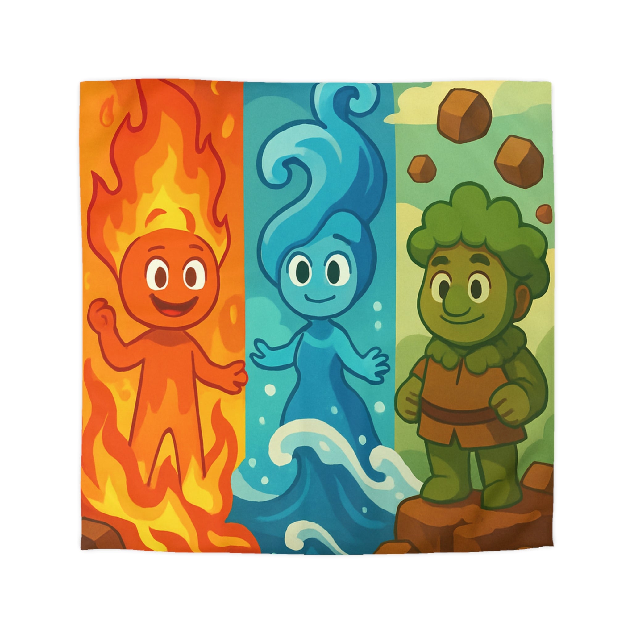 Trois Élémentaires Enfants Sympathiques : Feu, Eau, Terre dans un Décor Coloré Illustré