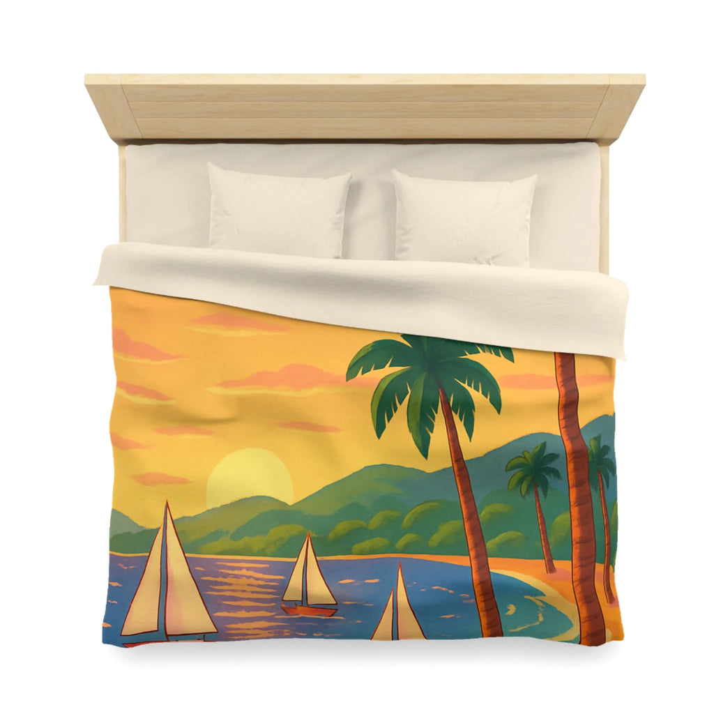 Housse de couette avec motif tropical, plage, palmiers et voiliers au coucher de soleil