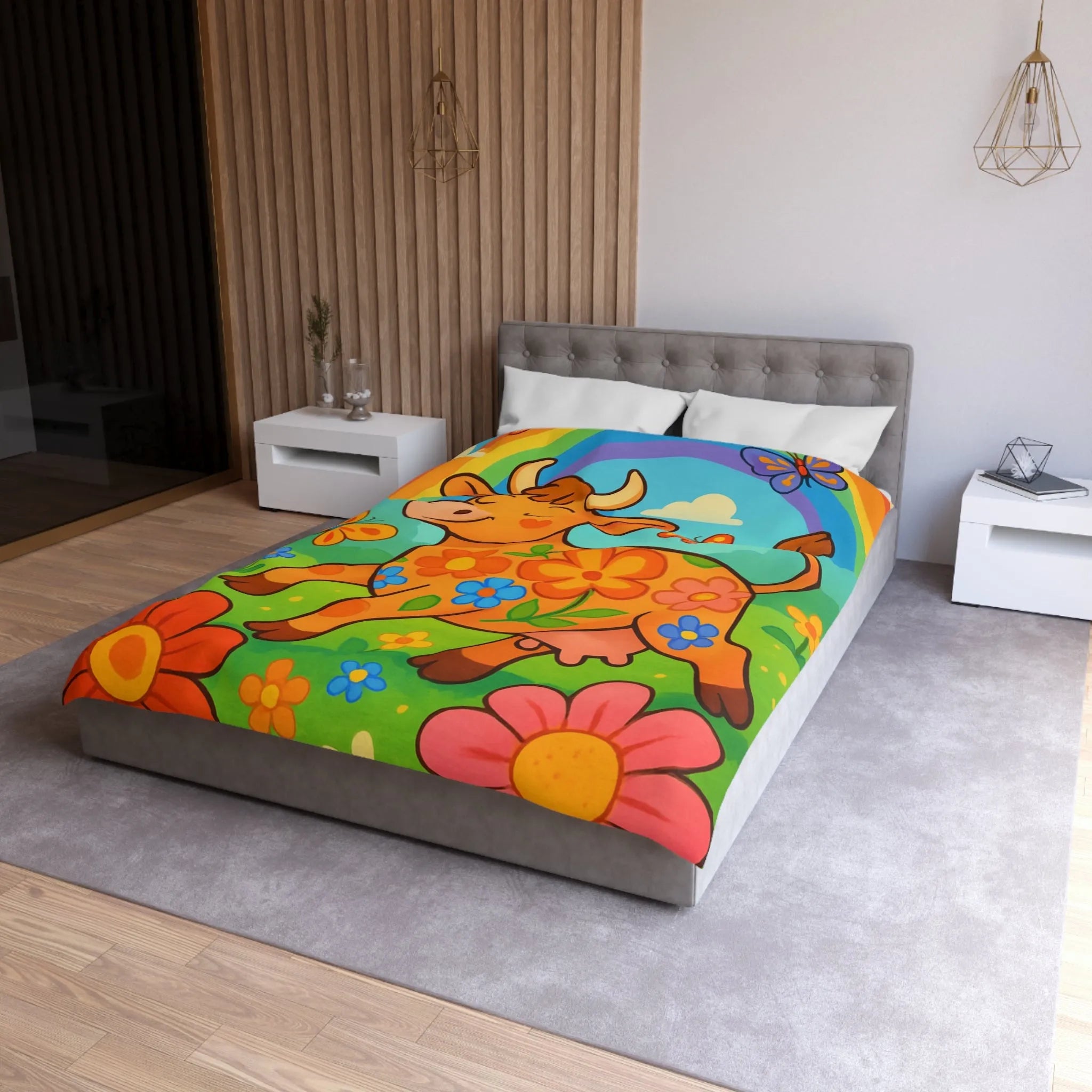 Housse de Couette Enfant Joyeuse Vache Orange Sous Arc-en-Ciel et Papillons Colorés