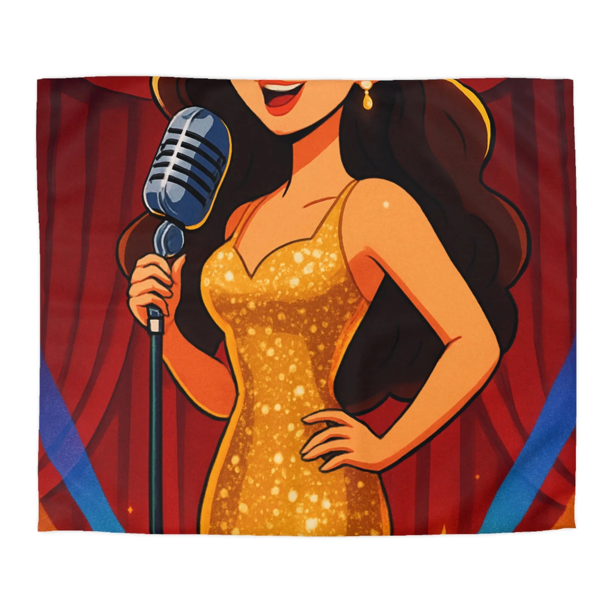 Housse de couette glamour dorée avec chanteuse rétro, étoiles et micro vintage