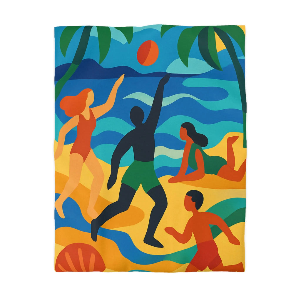 Housse de Couette Colorée Motif Plage Tropicale avec Palmiers et Activités Ludiques