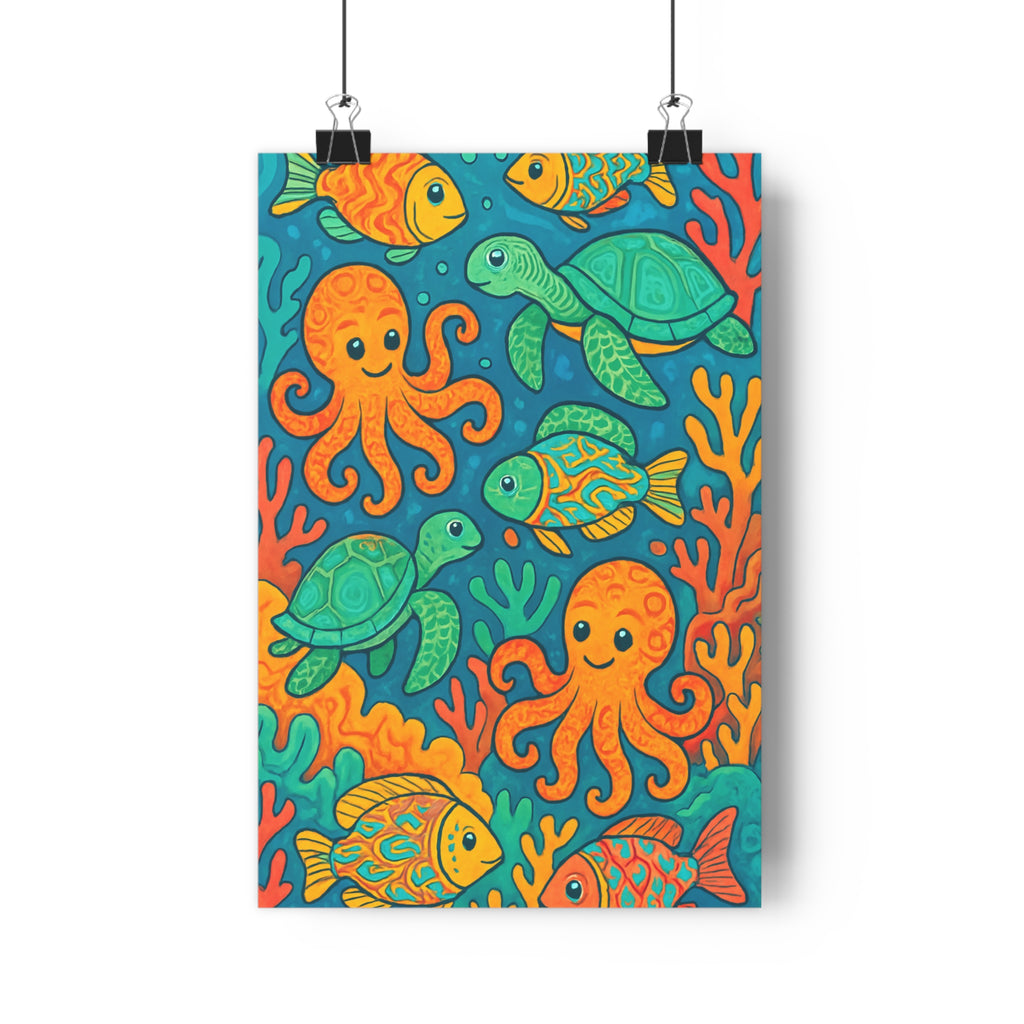 Poster décoratif cartoon enfants chambre bleu vert orange joyeux ludique océan créatif coloré 30x46