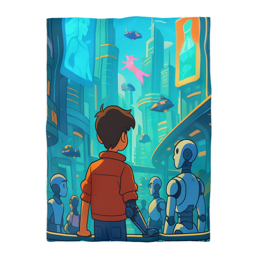 Housse de couette urbaine futuriste avec robots et affiches lumineuses pour chambre moderne