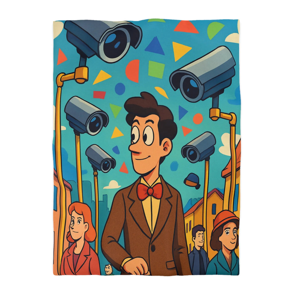 Housse de couette colorée avec motifs géométriques et personnages sous caméras de surveillance