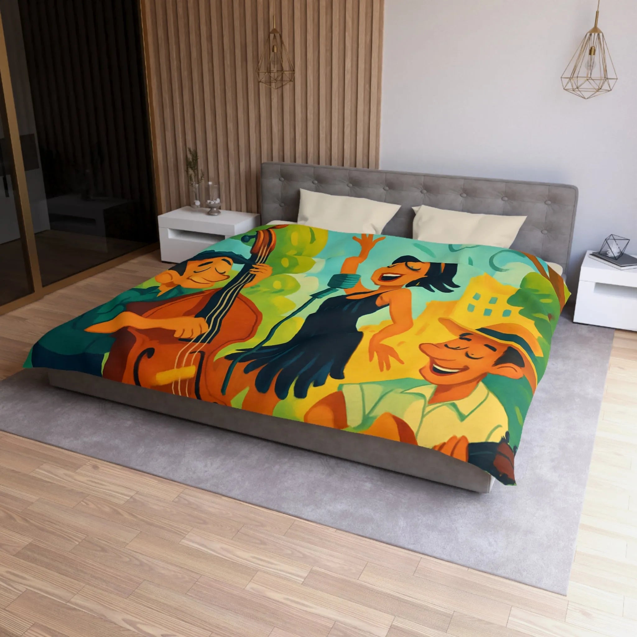 Housse de couette colorée avec scène musicale rétro dans un parc ensoleillé