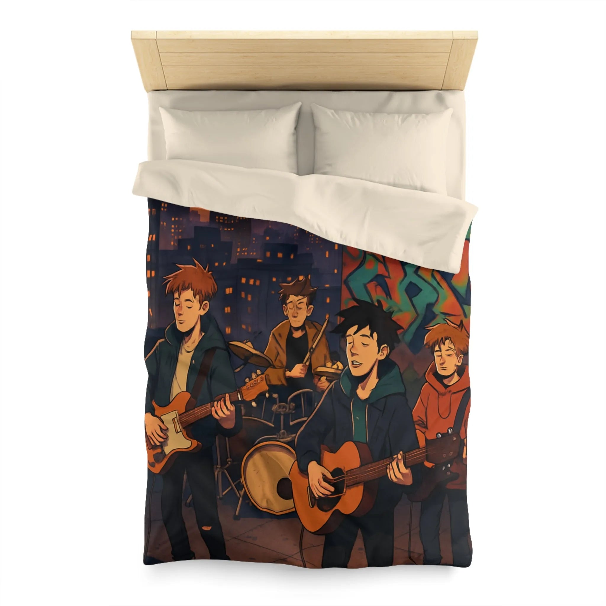 Housse de couette avec illustration de groupe jouant sur toit urbain au crépuscule