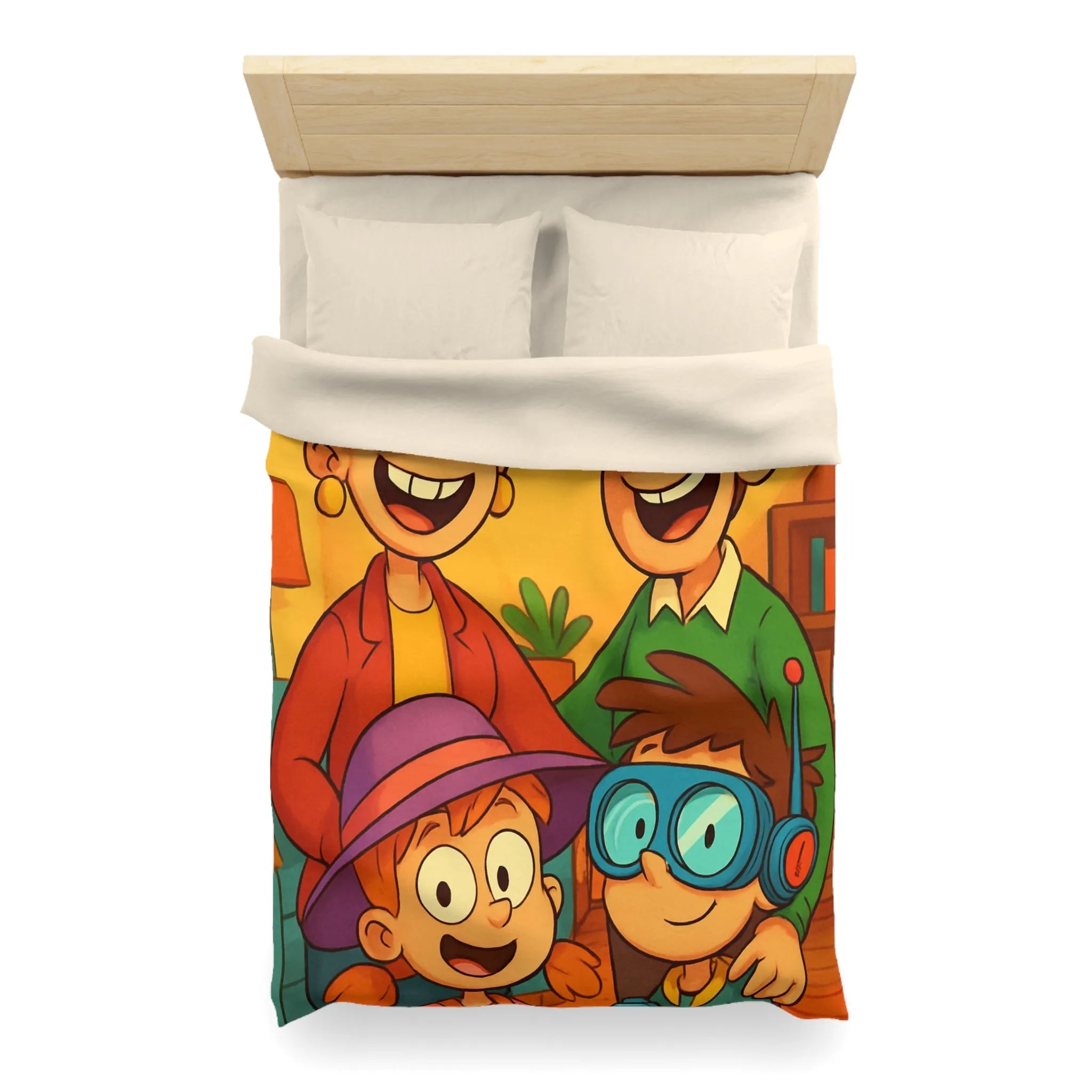 Housse de couette joyeuse avec une famille amusante et colorée, lunettes originales