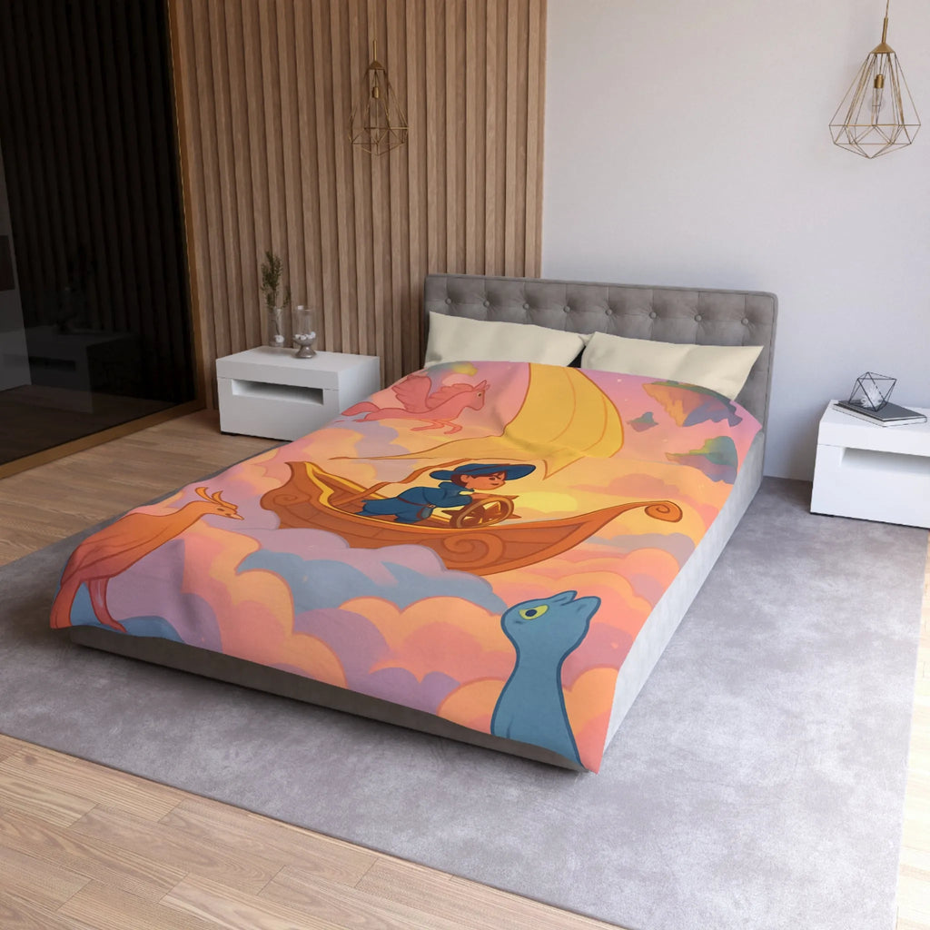 Housse de Couette Enchantée Avec Licorne et Bateau Volant Dans le Ciel Éthéré