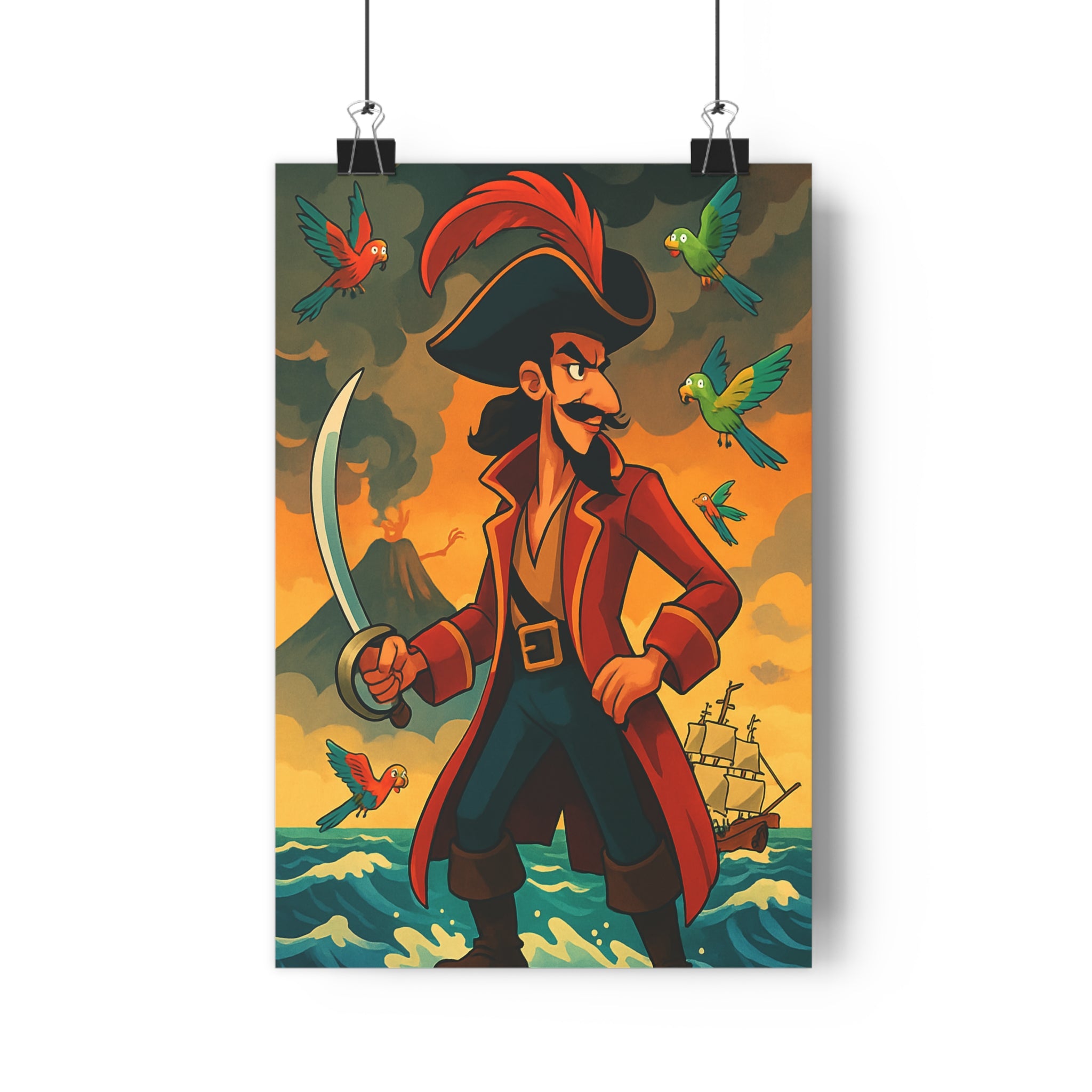 Poster décoratif pirate cartoon aventure charismatique perroquets volcan coloré mystique enfant chambre 30x46 qualité