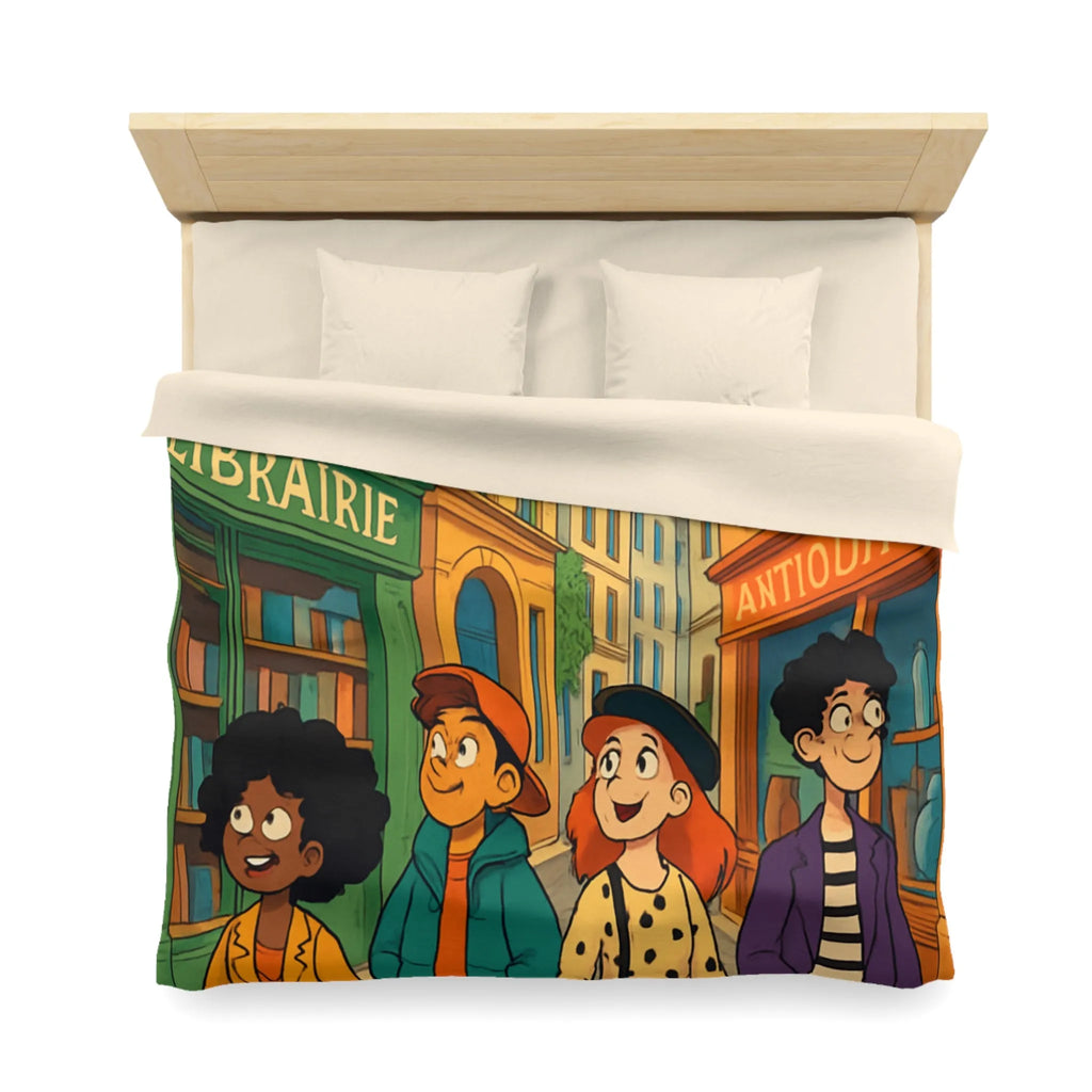 Housse de couette élégante avec design de rue parisienne animée et jeunes explorateurs